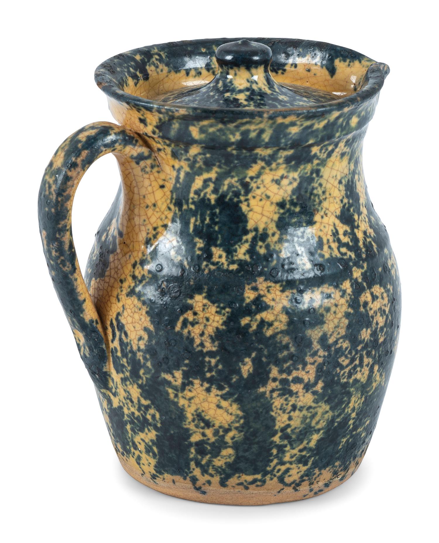 An Ohio Blue Sponge Painted Pitcher and Pig Bank