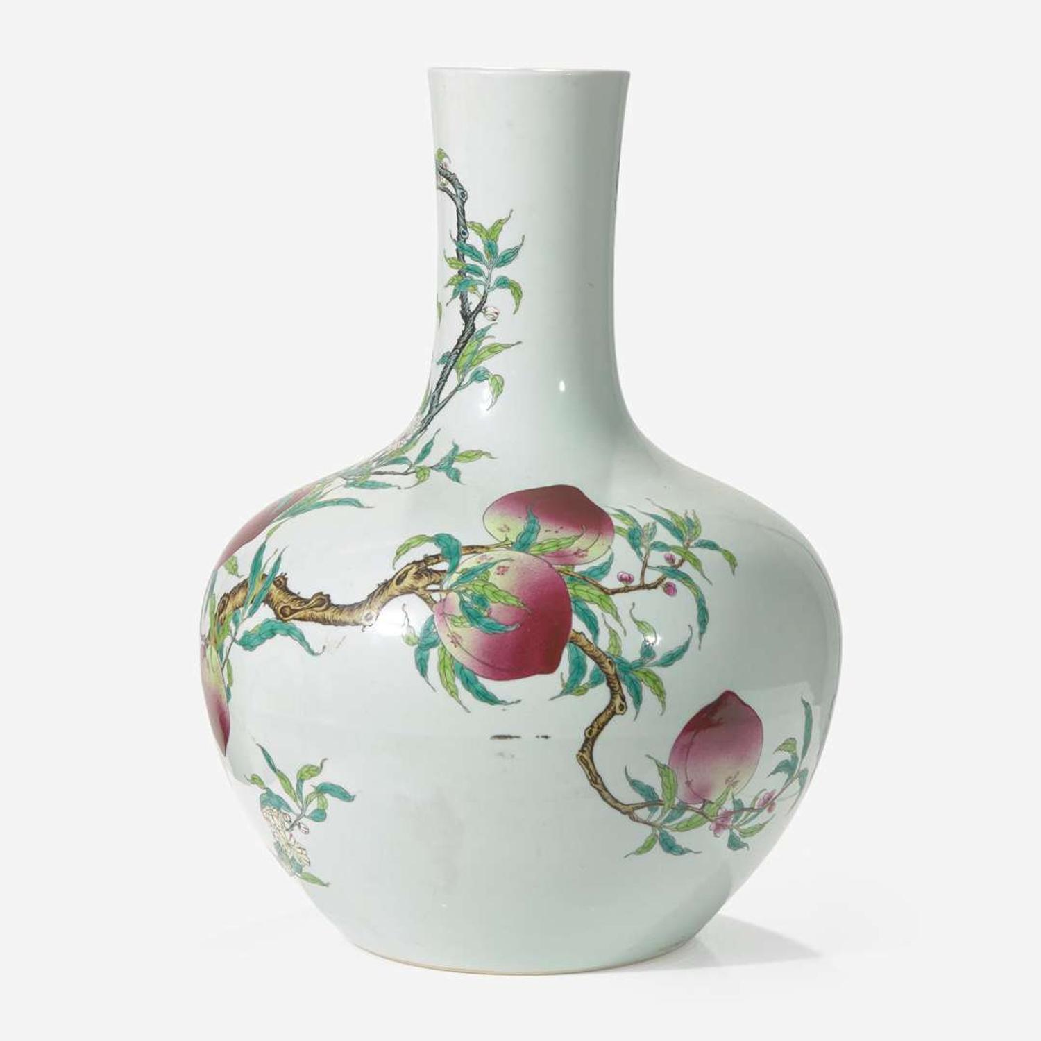 A large Chinese porcelain famille rose "Nine Peaches" vase, tianqiuping 粉彩九桃紋大天球瓶 Qianlong mark ???