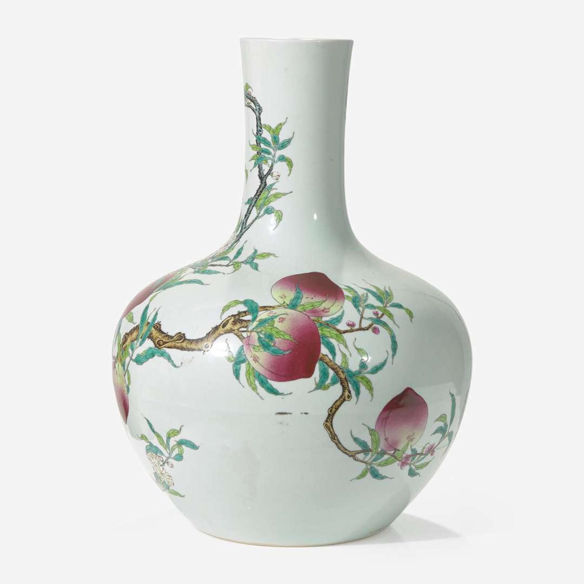 A large Chinese porcelain famille rose "Nine Peaches" vase, tianqiuping 粉彩九桃紋大天球瓶 Qianlong mark ???