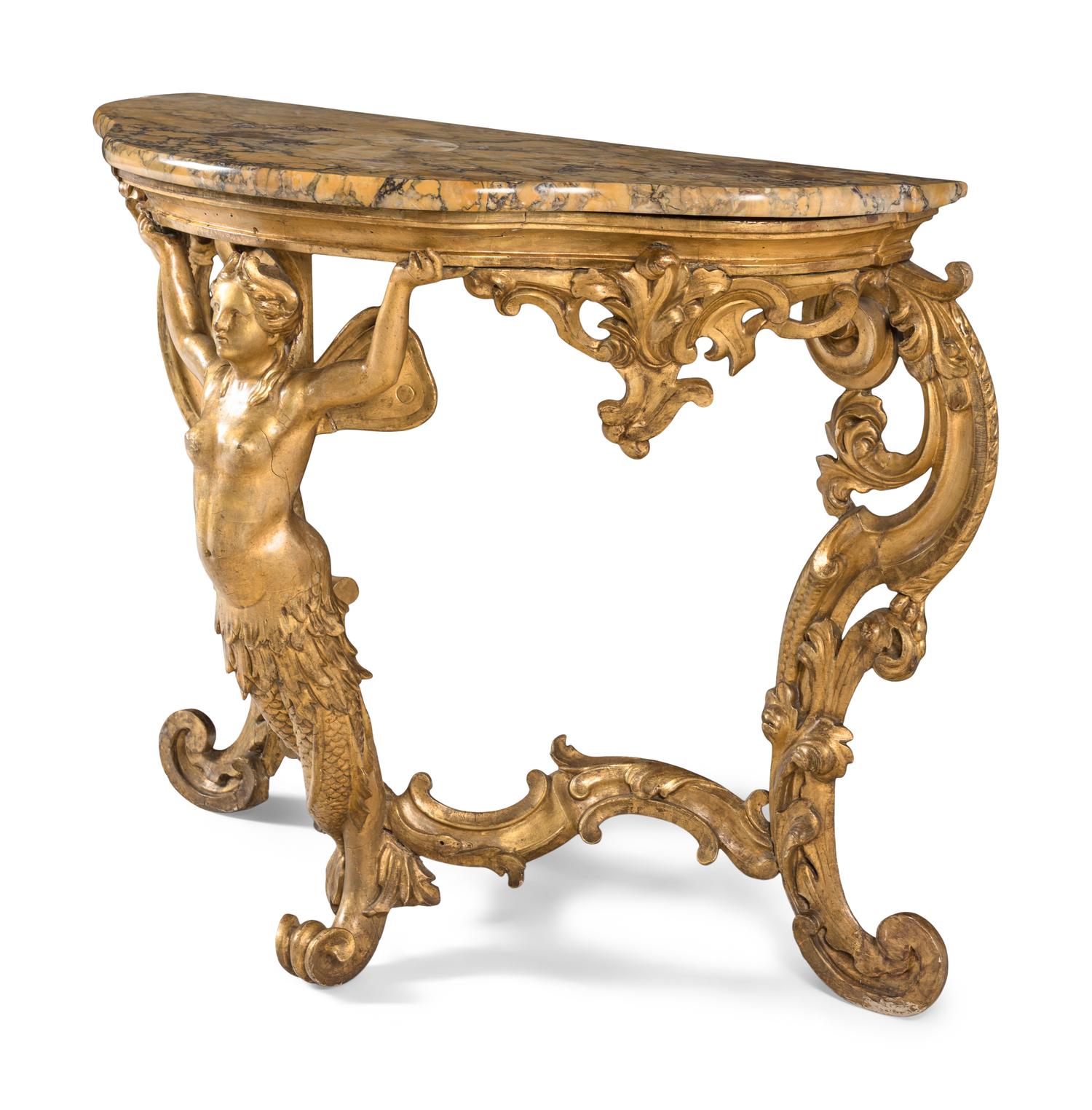 An Italian Rococo Style Giltwood and Giallo Antico Marble-Top Console Table