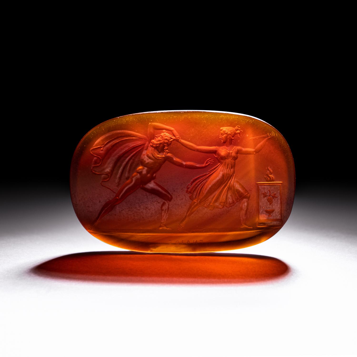 A Neoclassical Carnelian Intaglio with Cyanippus Dragged by his Daughter Cyane to the Alter