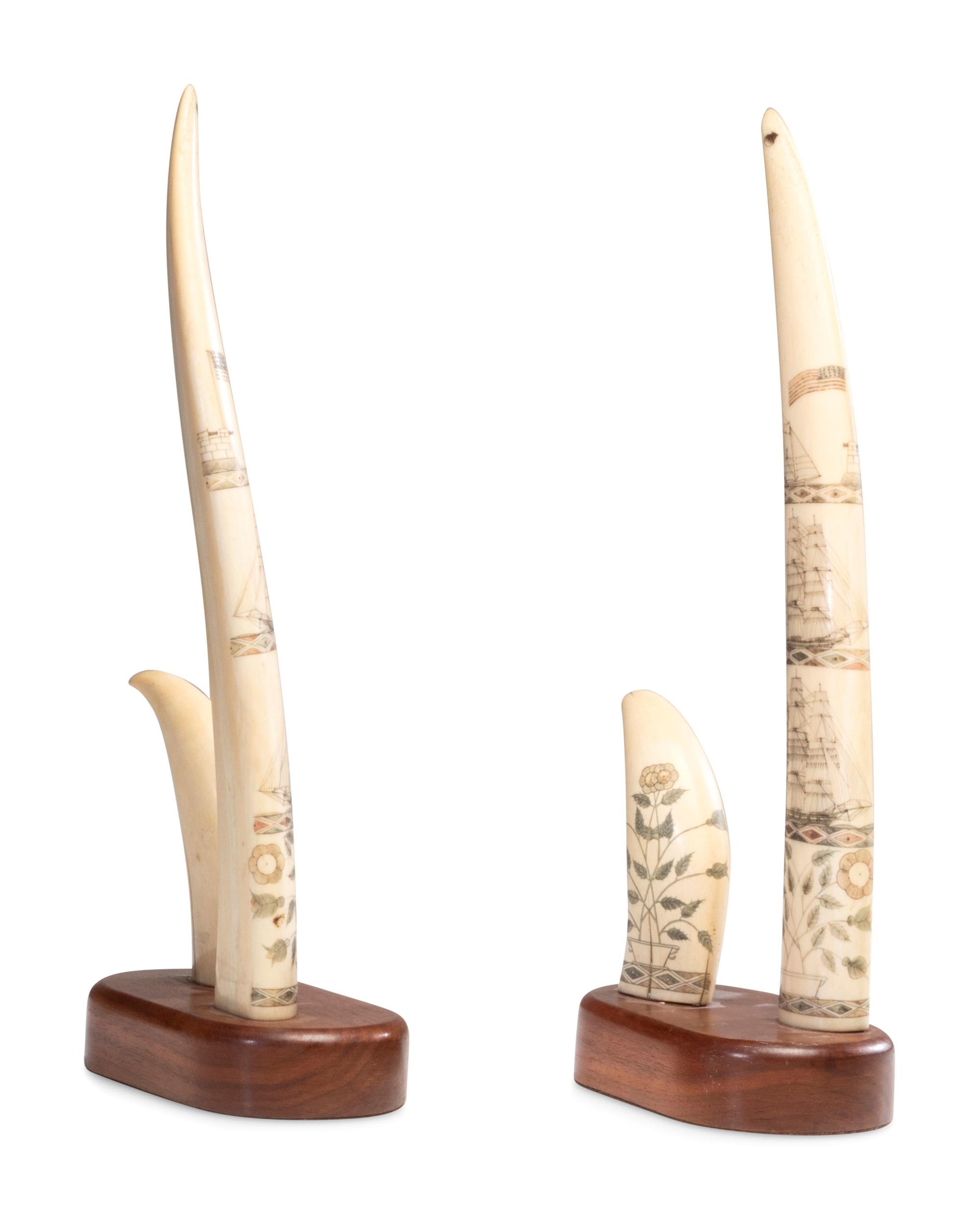Four Matched Polychrome Scrimshaw Articles