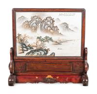 A Chinese Painted Porcelain Inset Carved Hardwood Table Screen
