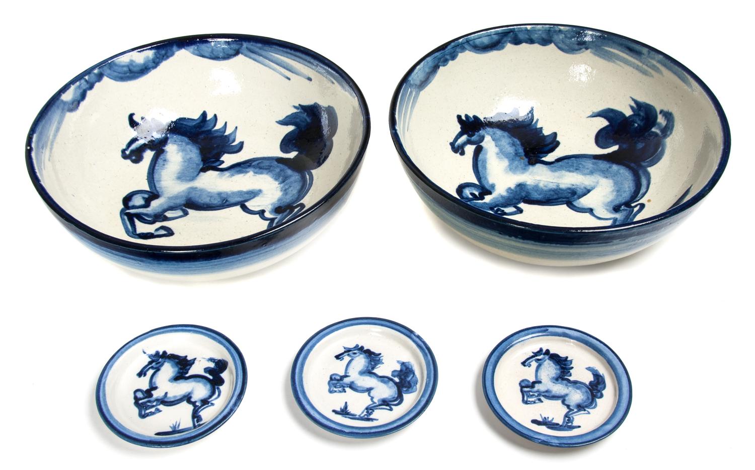 An Assorted Group of Blue and White M.A. Hadly Glazed Ceramic Diameter of first 10 3/4 inches. — 20TH CENTURY