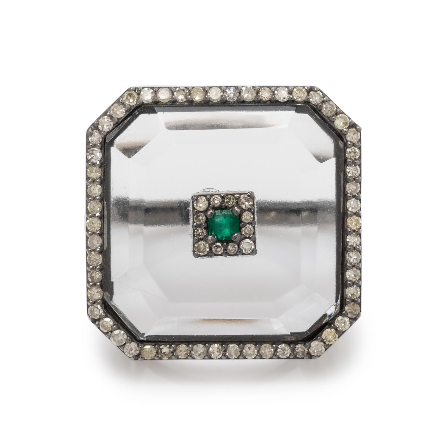 RESIN, EMERALD AND DIAMOND RING
