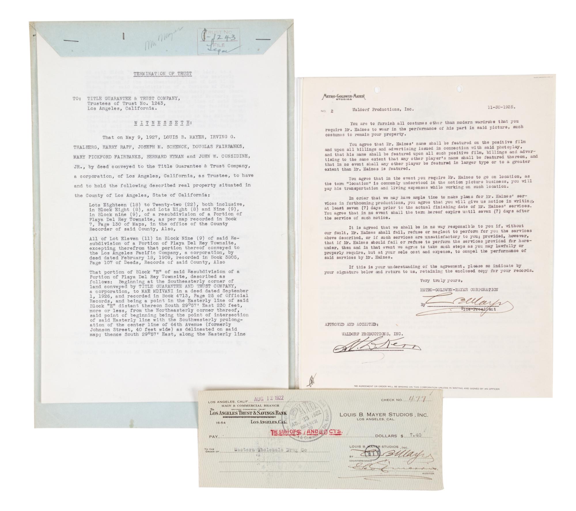 MAYER, LOUIS. Two typed documents signed, with check signed, 1922-1928.