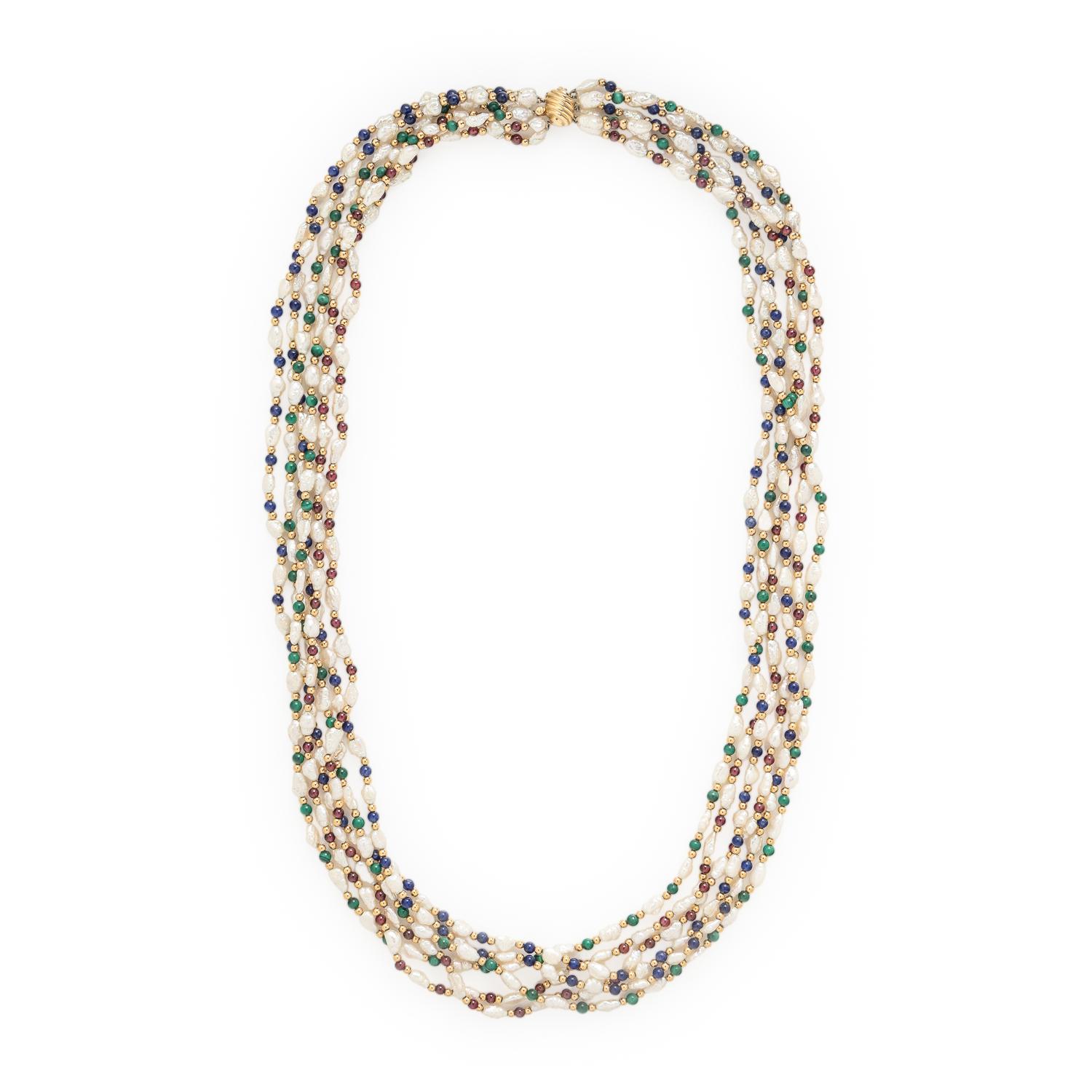 Cultured Baroque Pearl and Multigem Beaded Necklace