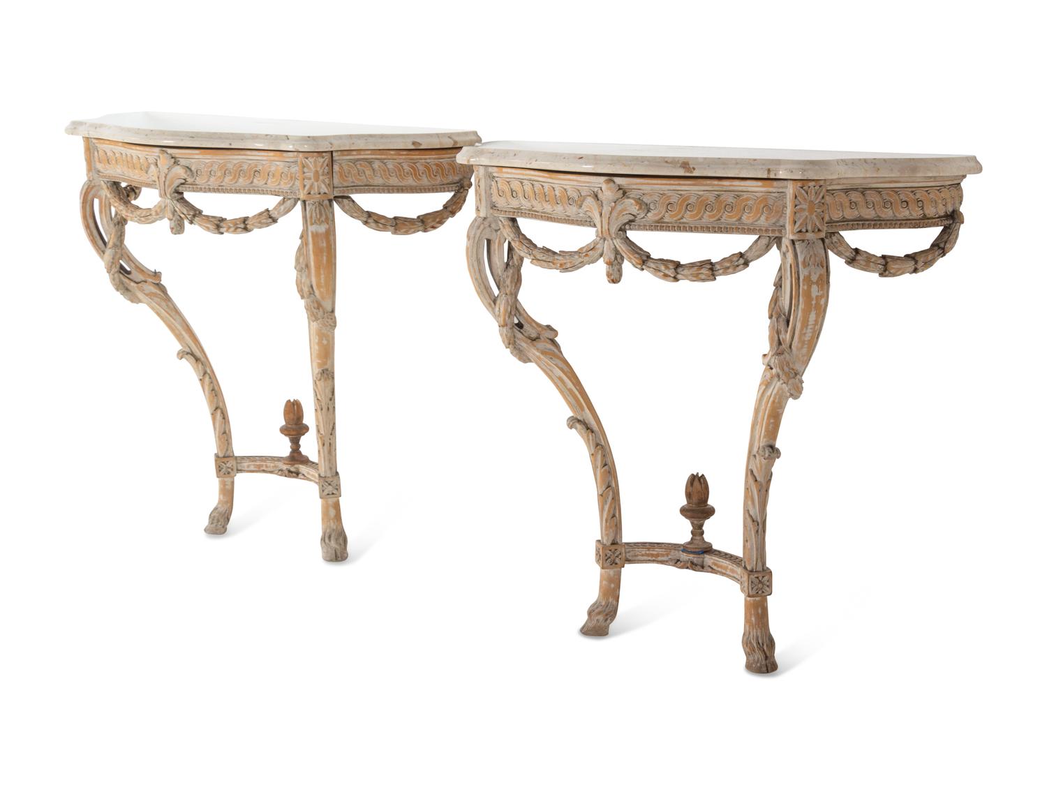 A Pair of Louis XVI Style Painted Marble-Top Console Tables