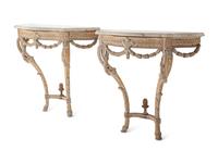 A Pair of Louis XVI Style Painted Marble-Top Console Tables