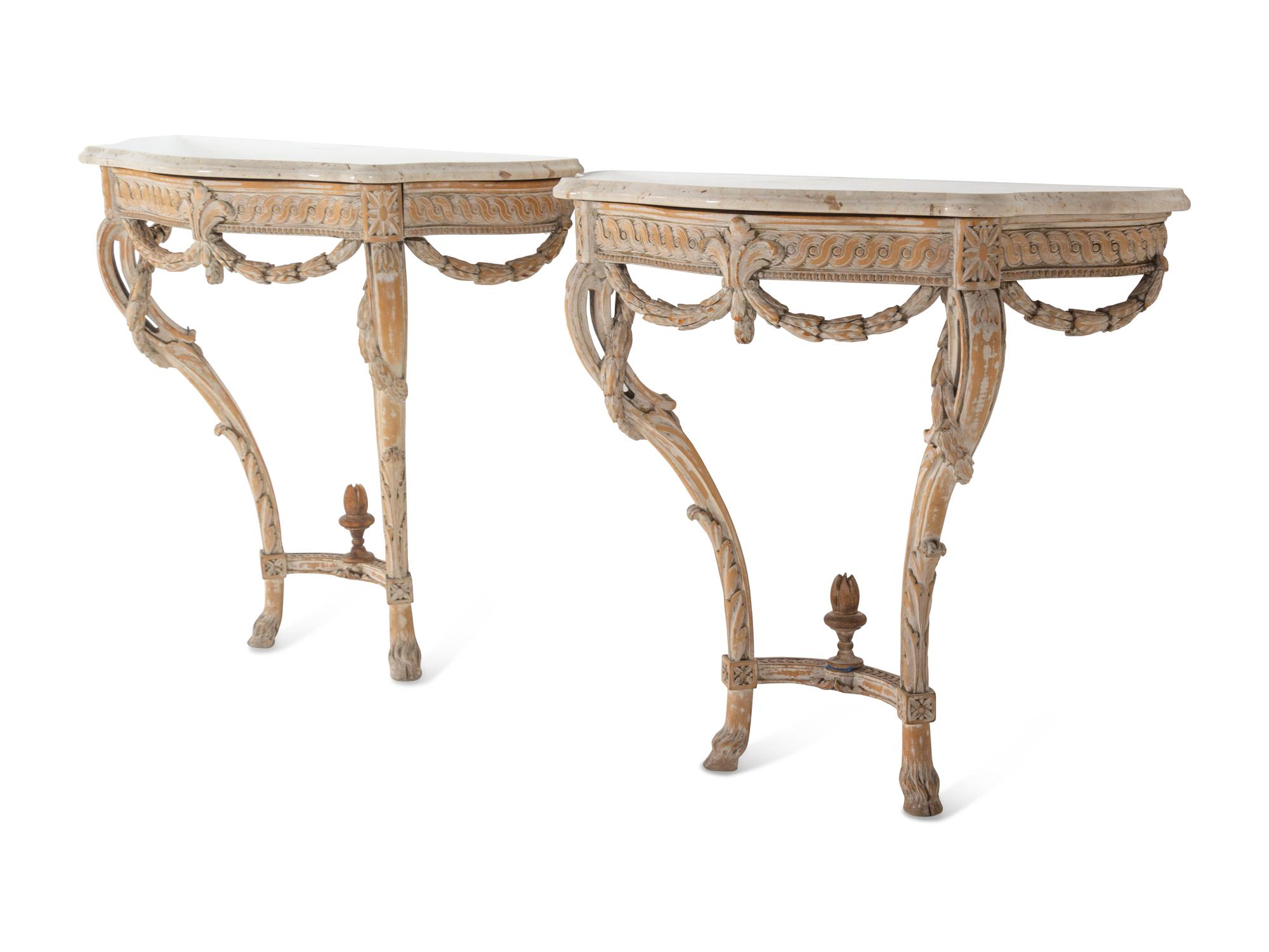 A Pair of Louis XVI Style Painted Marble-Top Console Tables