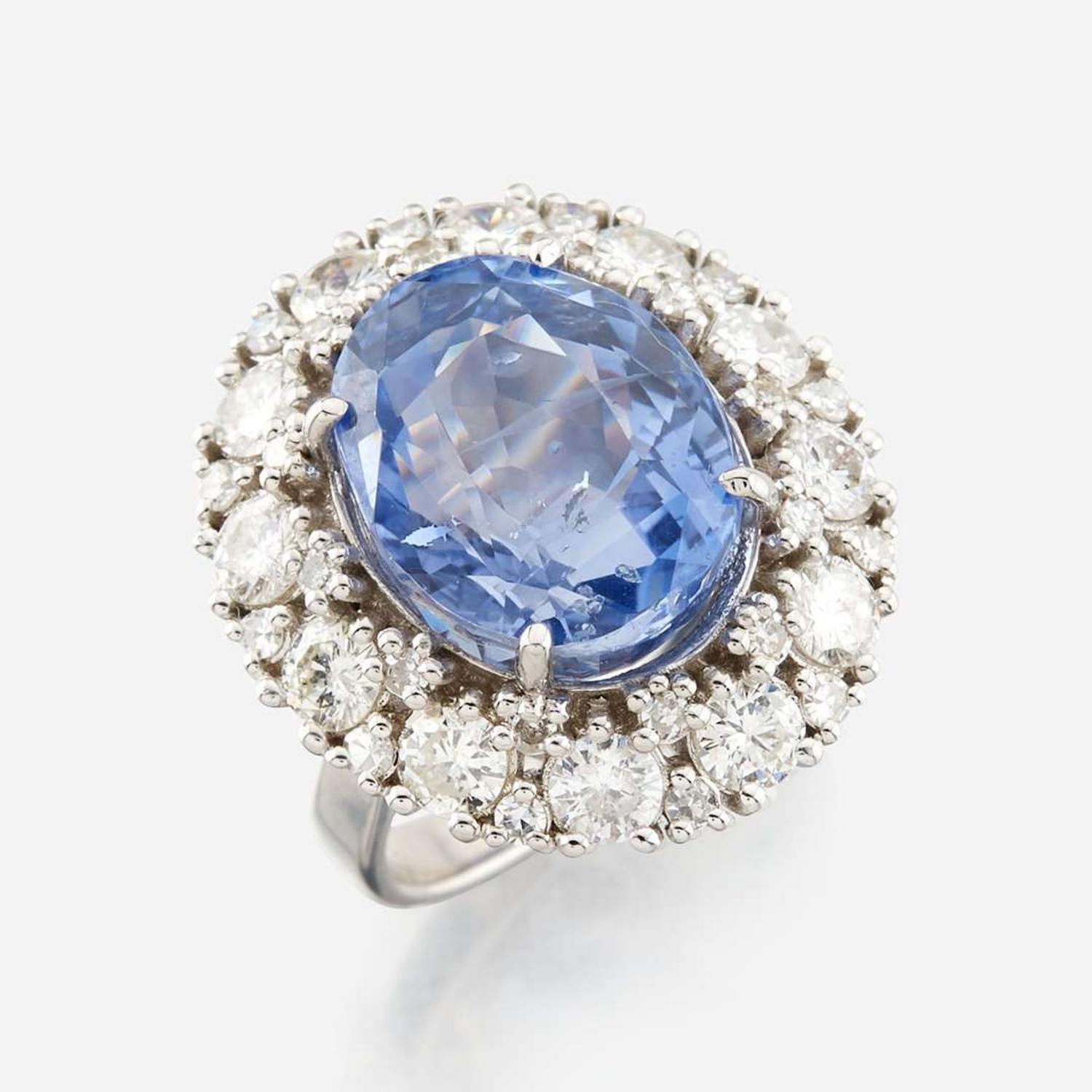 A sapphire, diamond, and white gold ring
