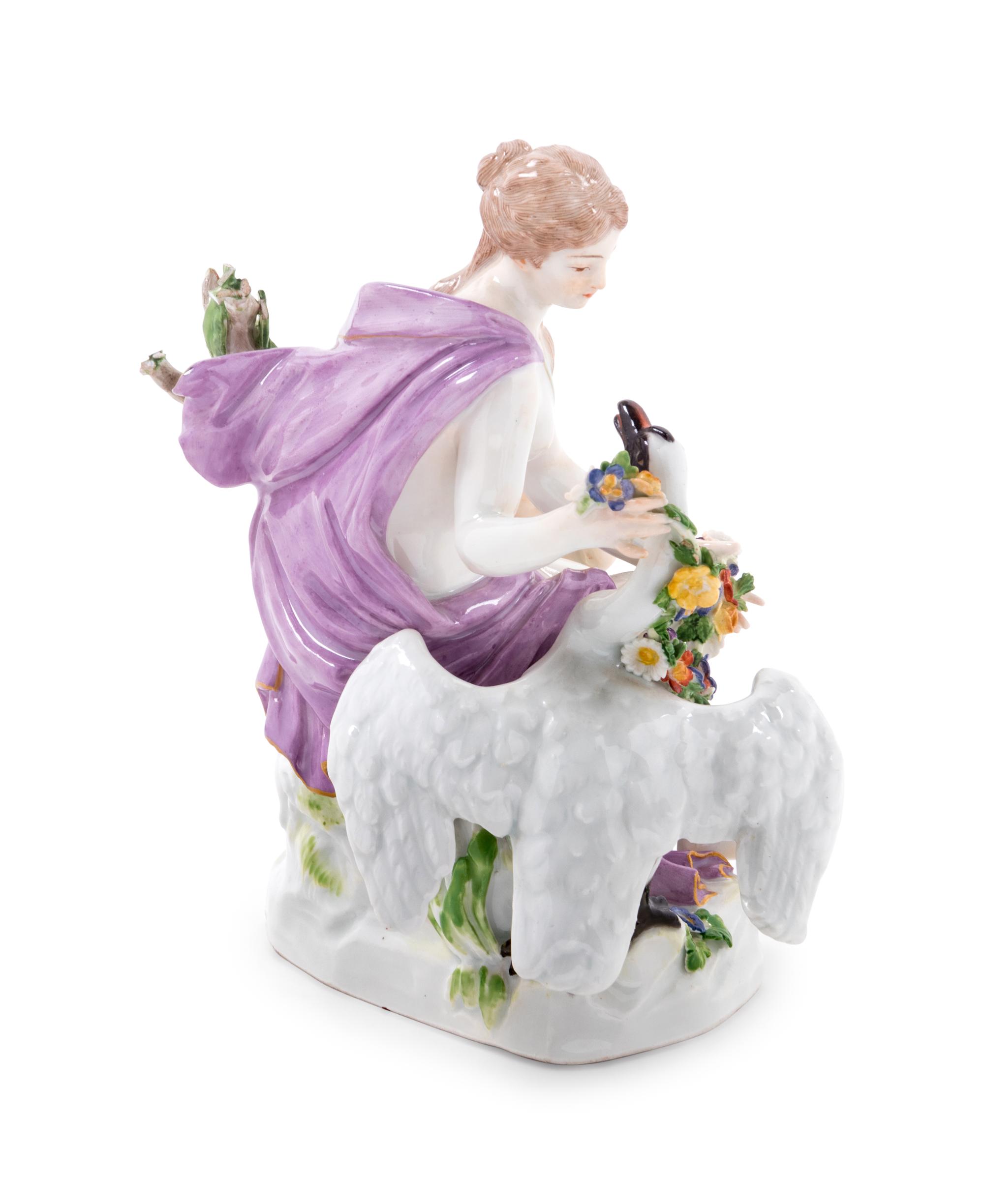 A Meissen Painted Porcelain Figural Group Depicting Leda and the Swan