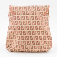 A Fendi Peach and Beige Monogram Canvas Cross Body Bag, 9" x 9" x. 5"; Strap drop: 20".