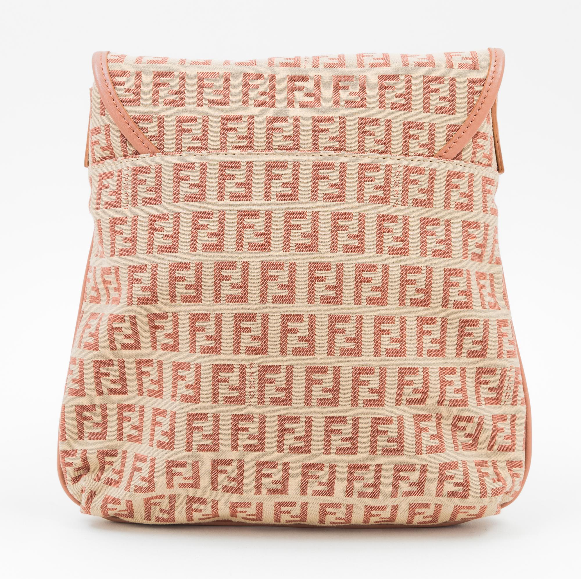 A Fendi Peach and Beige Monogram Canvas Cross Body Bag, 9" x 9" x. 5"; Strap drop: 20".