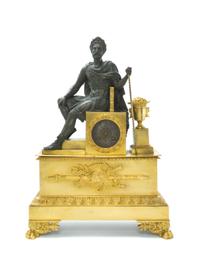 An Empire Gilt and Patinated Bronze Figural Mantel Clock, Height 22 3/8 inches.