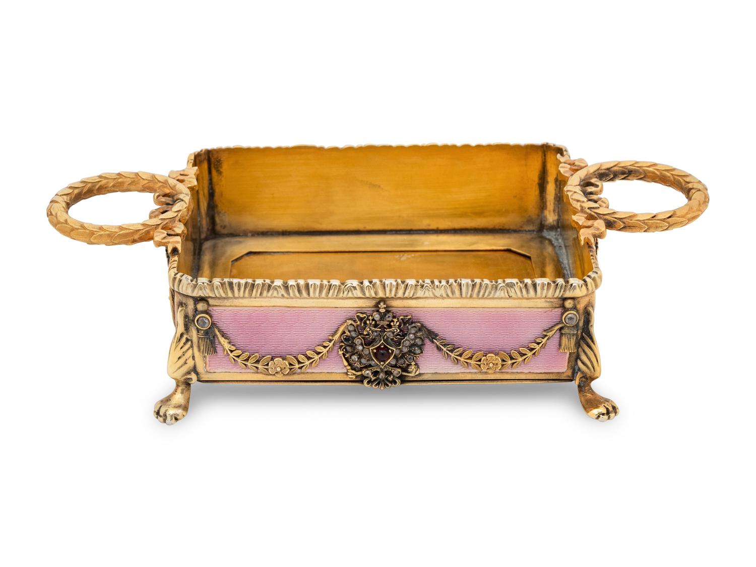 A Russian Jewel Mounted, Silver-Gilt and Guilloché Enamel Decorated Candy Dish