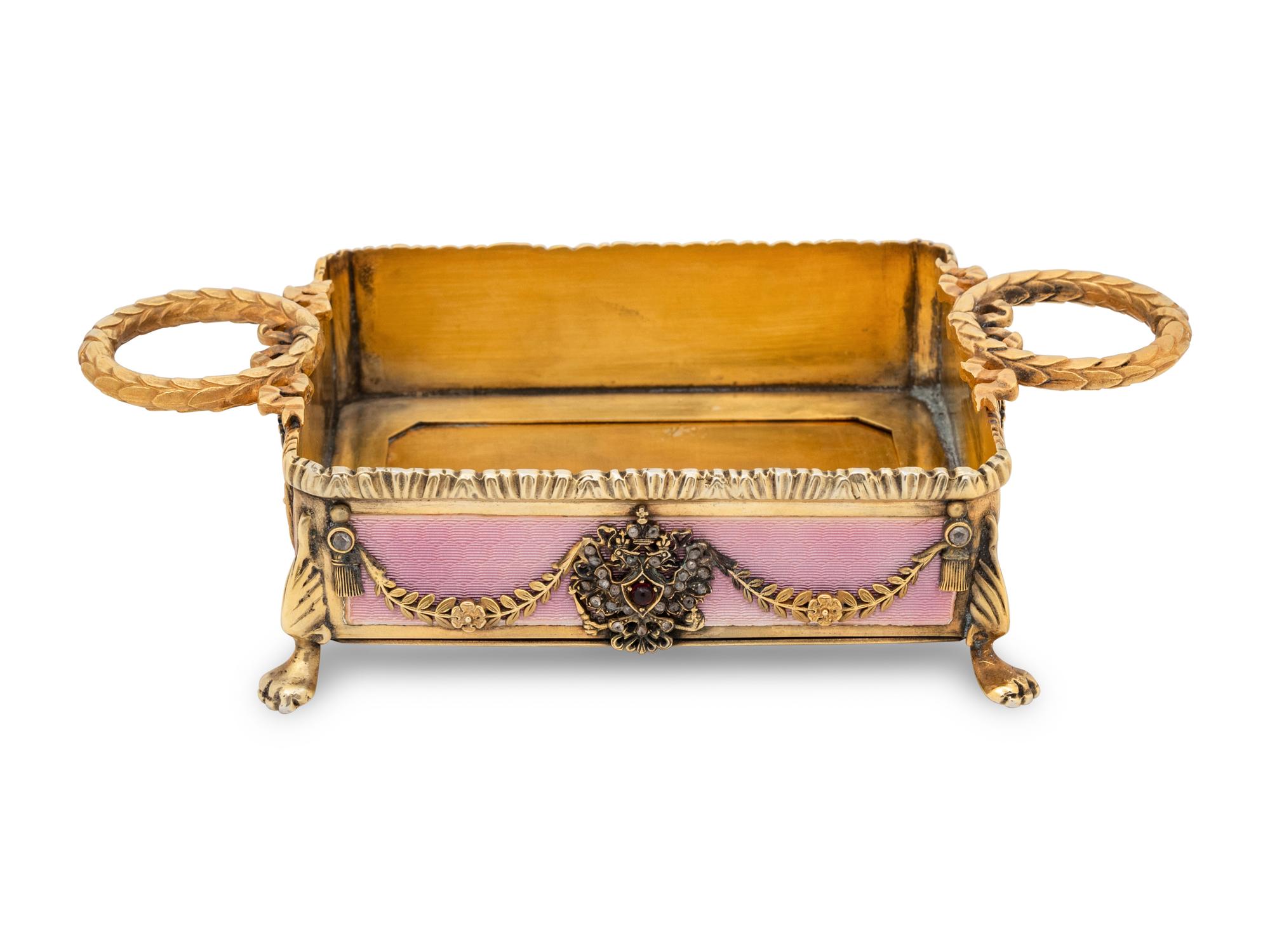 A Russian Jewel Mounted, Silver-Gilt and Guilloché Enamel Decorated Candy Dish