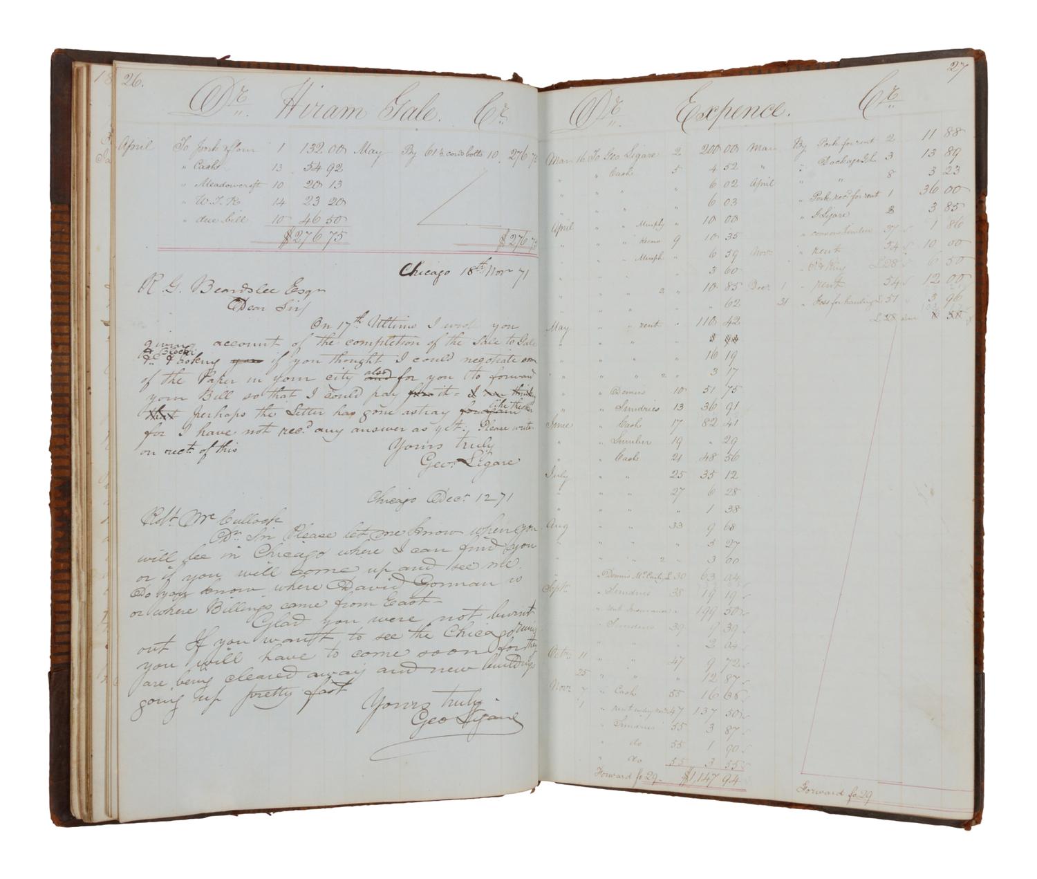 [CHICAGO HISTORY - CHICAGO FIRE]. MANUSCRIPT LEDGER of D. Clark and Company, Chicago, 1849-1873.