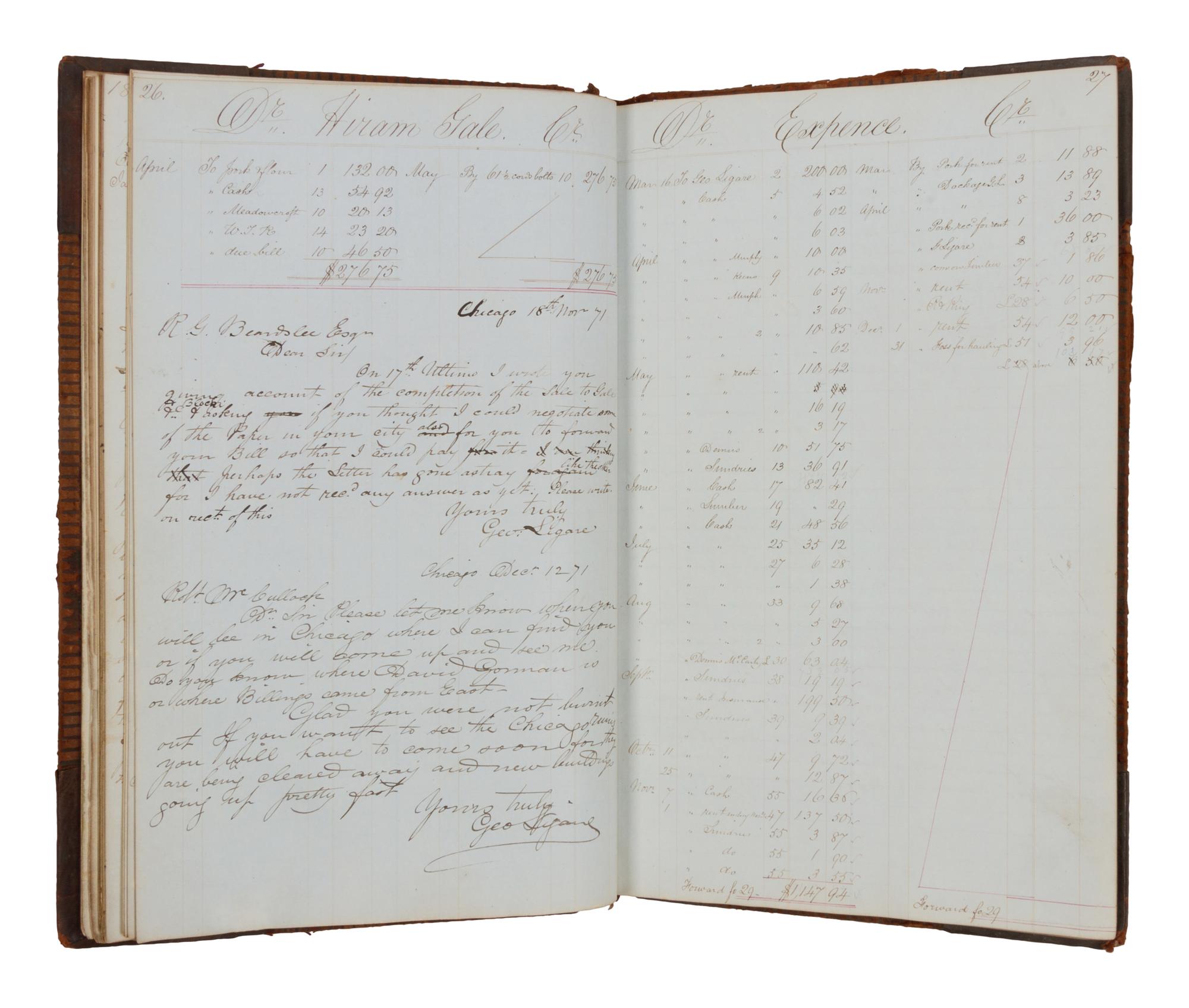[CHICAGO HISTORY - CHICAGO FIRE]. MANUSCRIPT LEDGER of D. Clark and Company, Chicago, 1849-1873.