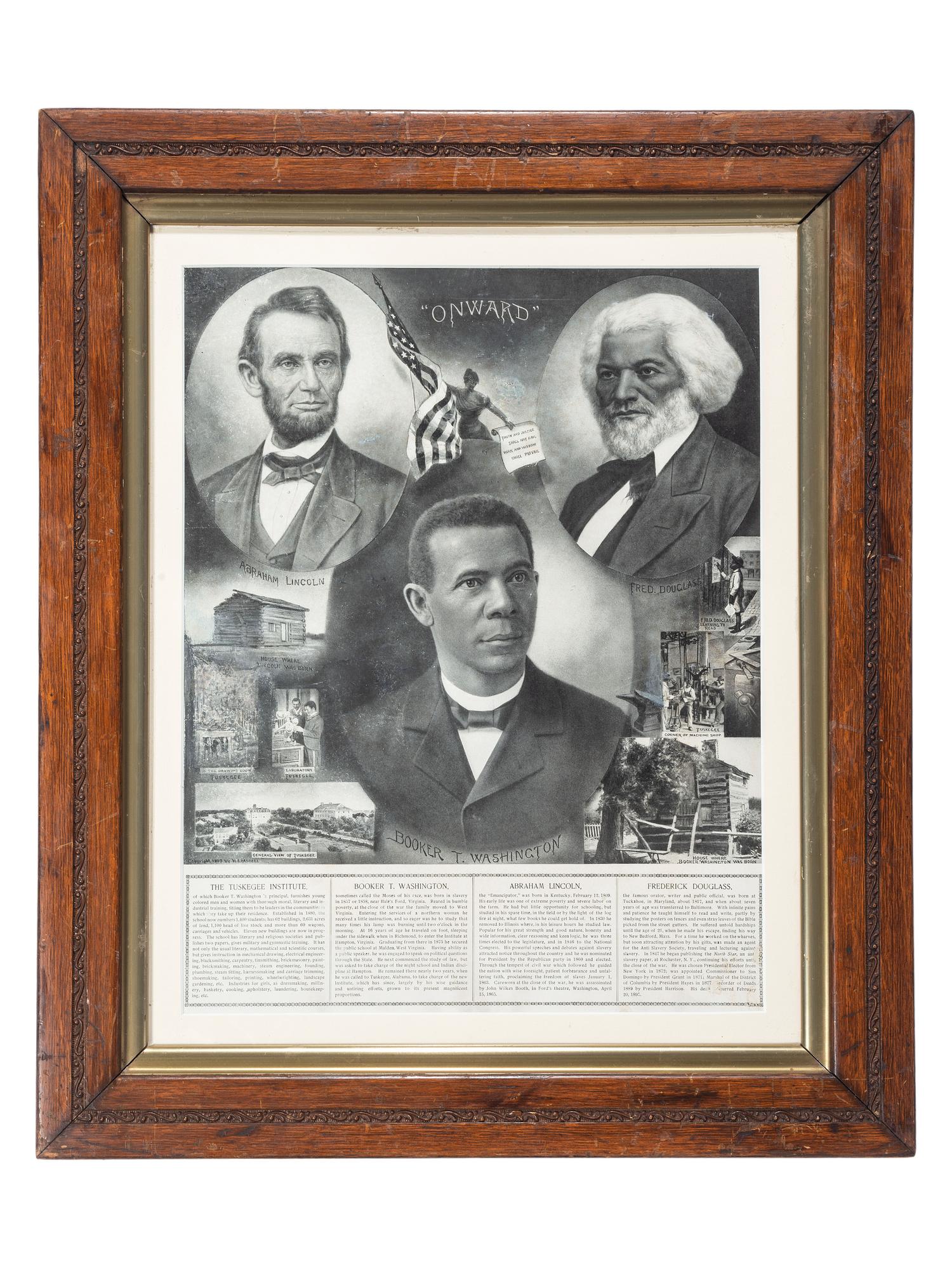 [CIVIL RIGHTS] -- [EDUCATION]. Onward . Chicago: W.L. Haskell, 1903. Poster featuring Booker T. Washington, Frederic Douglass, and Abraham Lincoln.