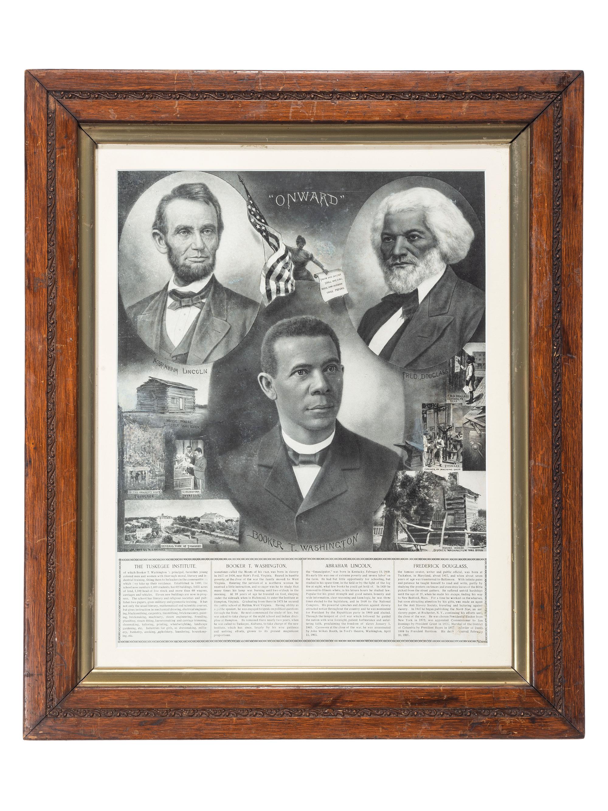 [CIVIL RIGHTS] -- [EDUCATION]. Onward . Chicago: W.L. Haskell, 1903. Poster featuring Booker T. Washington, Frederic Douglass, and Abraham Lincoln.