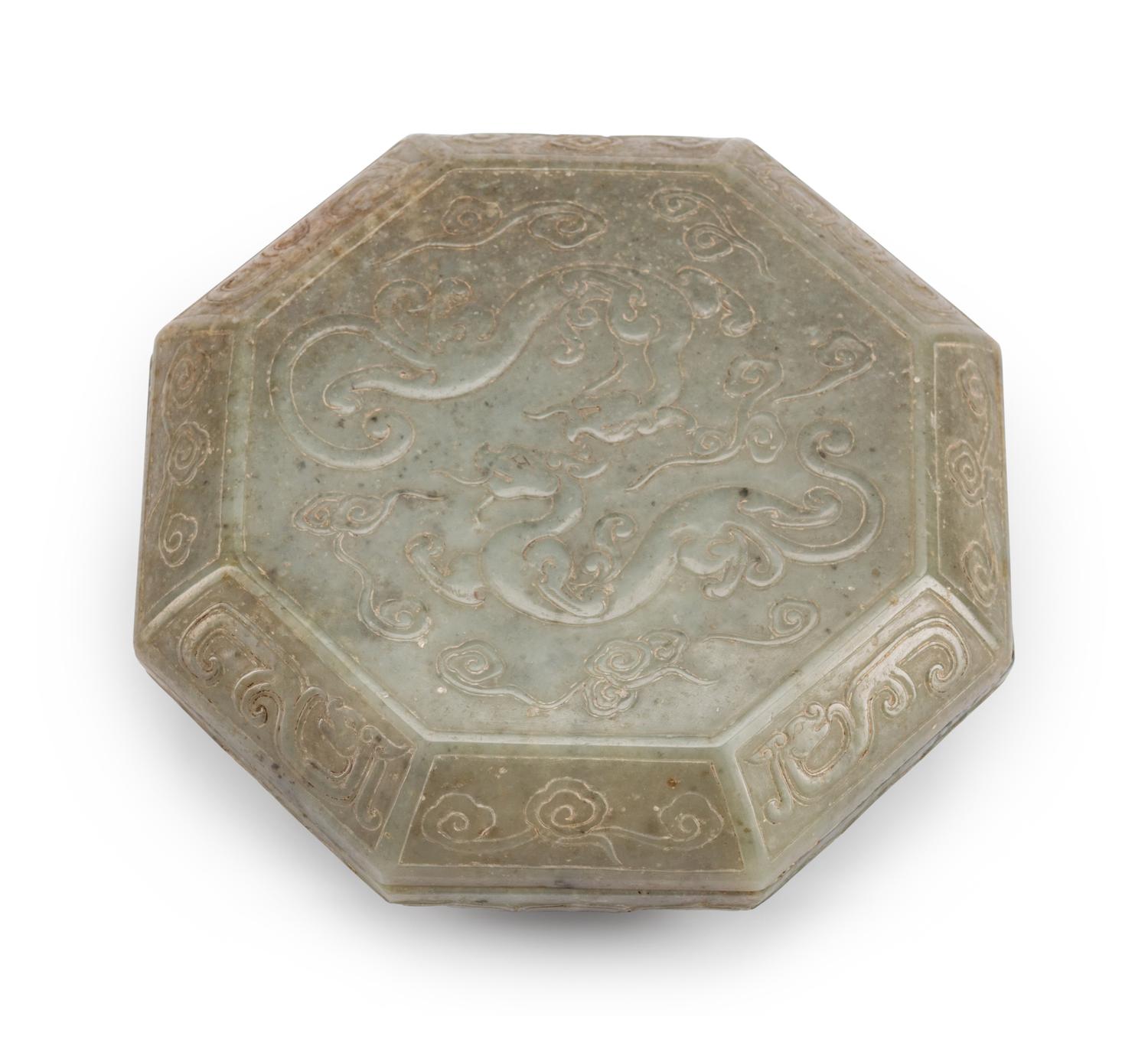 A Chinese Carved Jadeite Octagonal Box and Cover