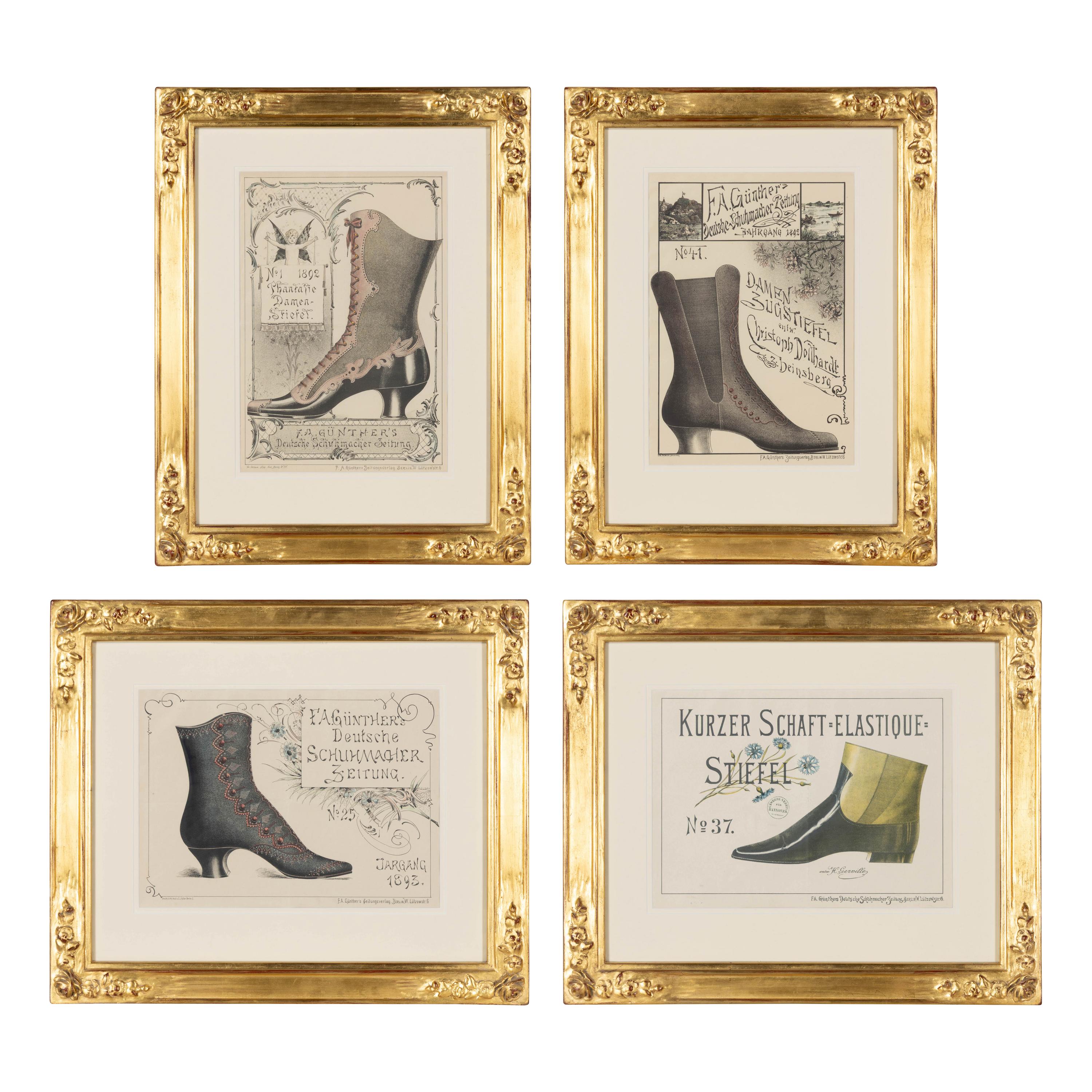 A Set of Four German Giltwood-Framed Shoe Advertisements