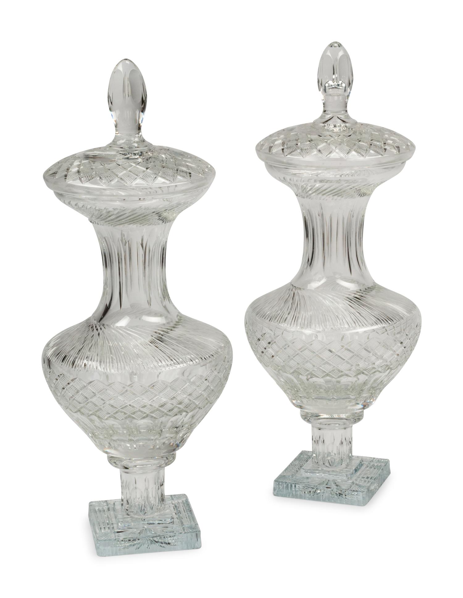 A Pair of Continental Cut Glass Urns