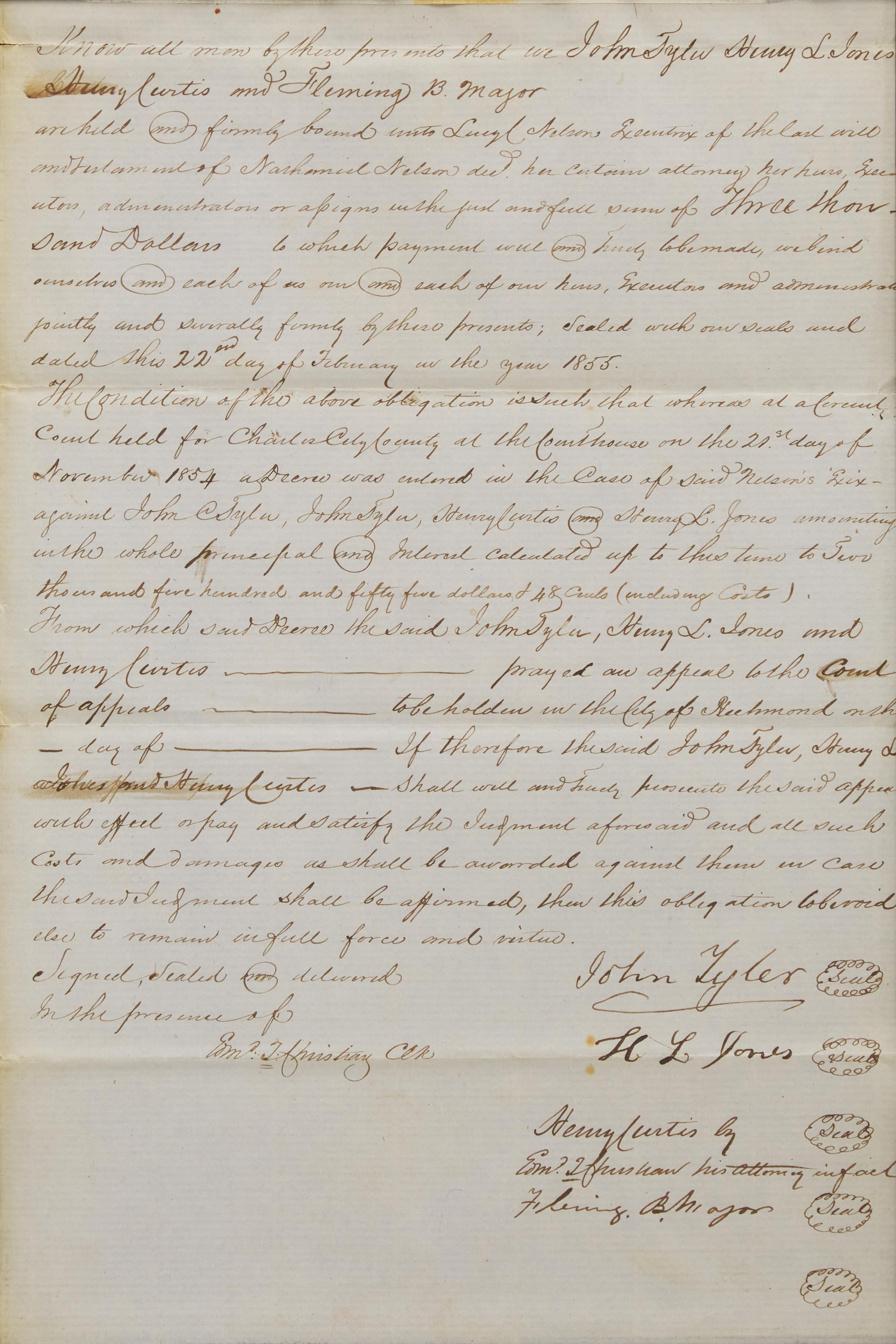 [Presidential] Tyler, John. Manuscript document, signed