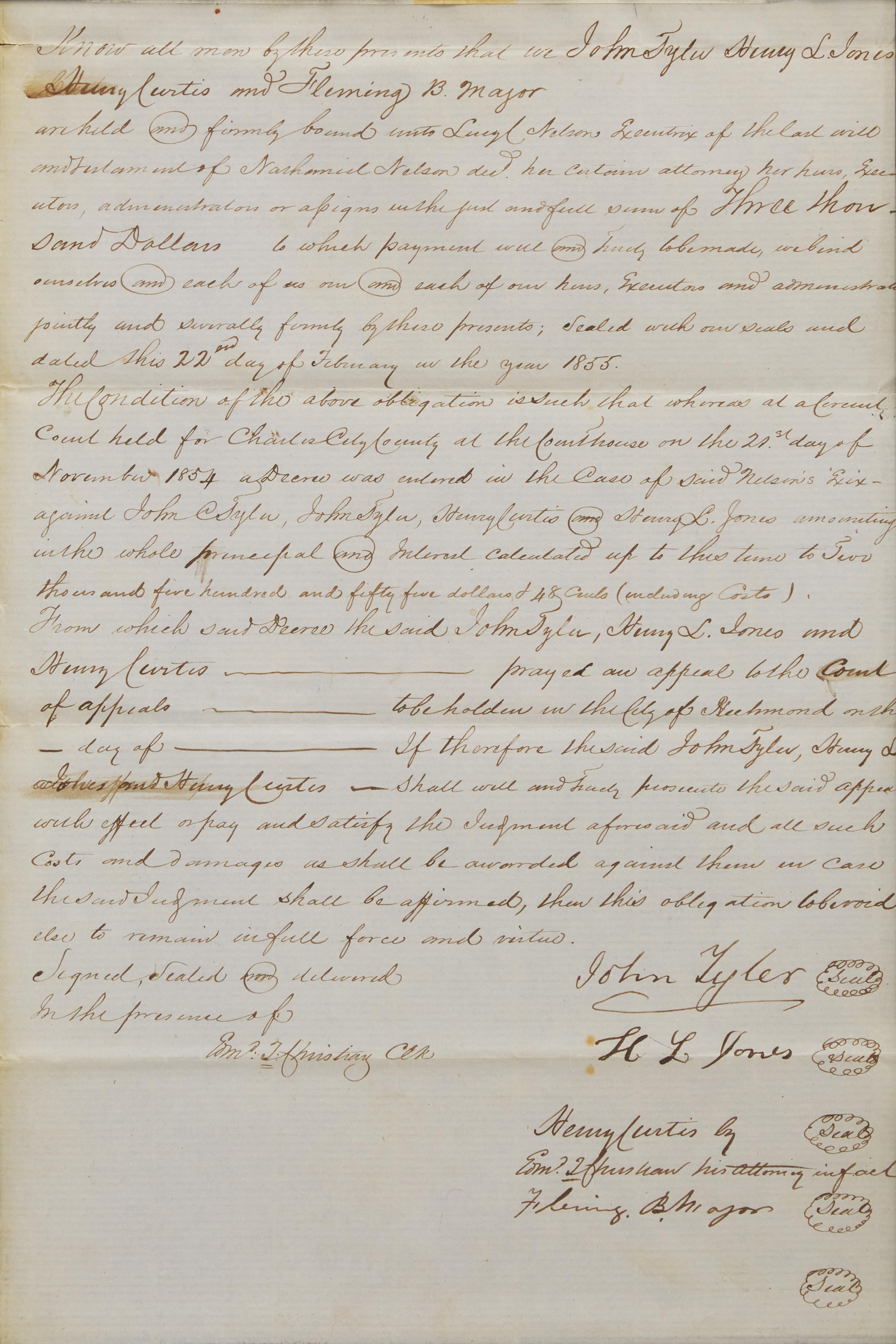 [Presidential] Tyler, John. Manuscript document, signed