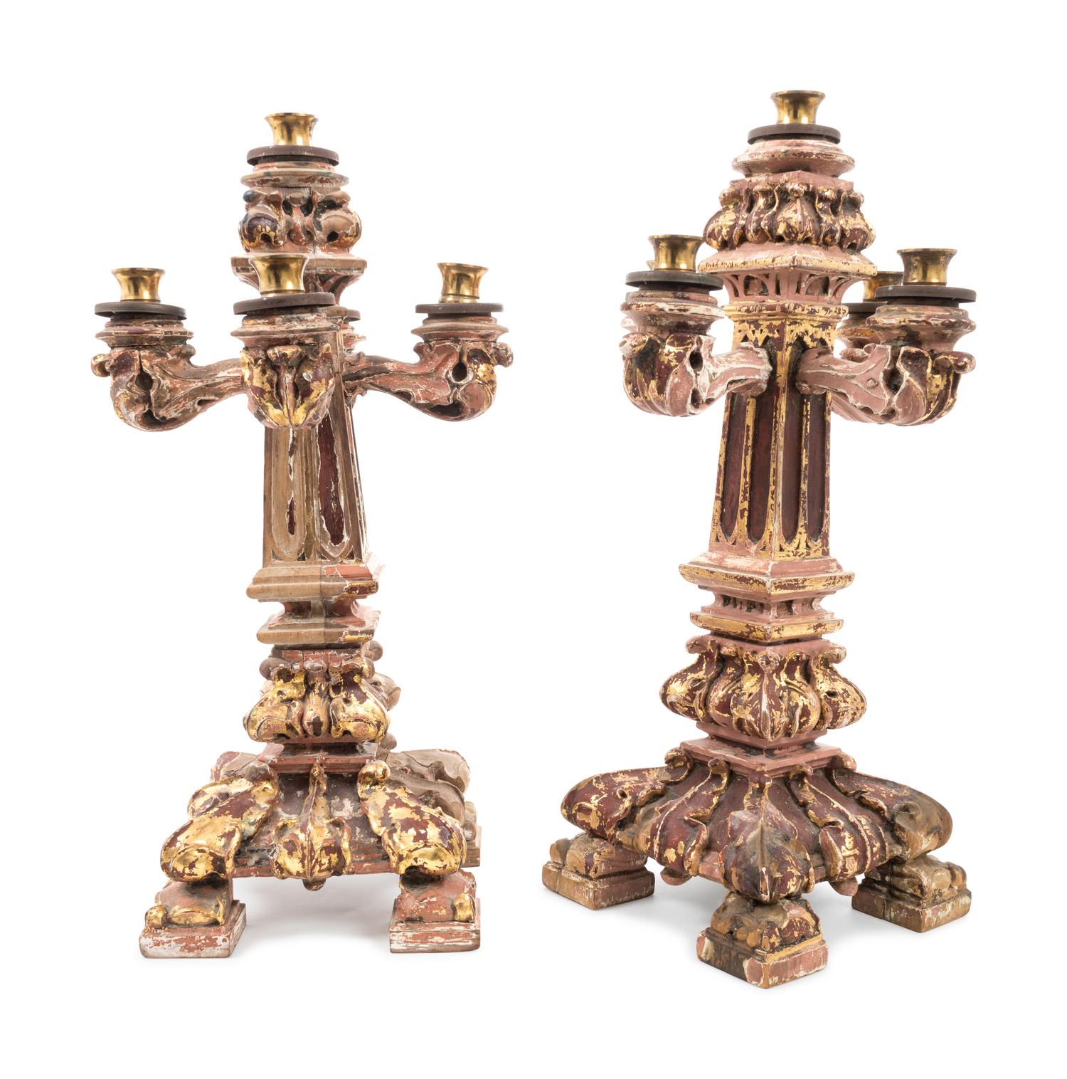 A Pair of Italian Baroque Style Carved, Painted and Parcel Gilt Five-Light Candelabra — 19TH CENTURY