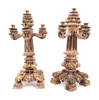 A Pair of Italian Baroque Style Carved, Painted and Parcel Gilt Five-Light Candelabra — 19TH CENTURY