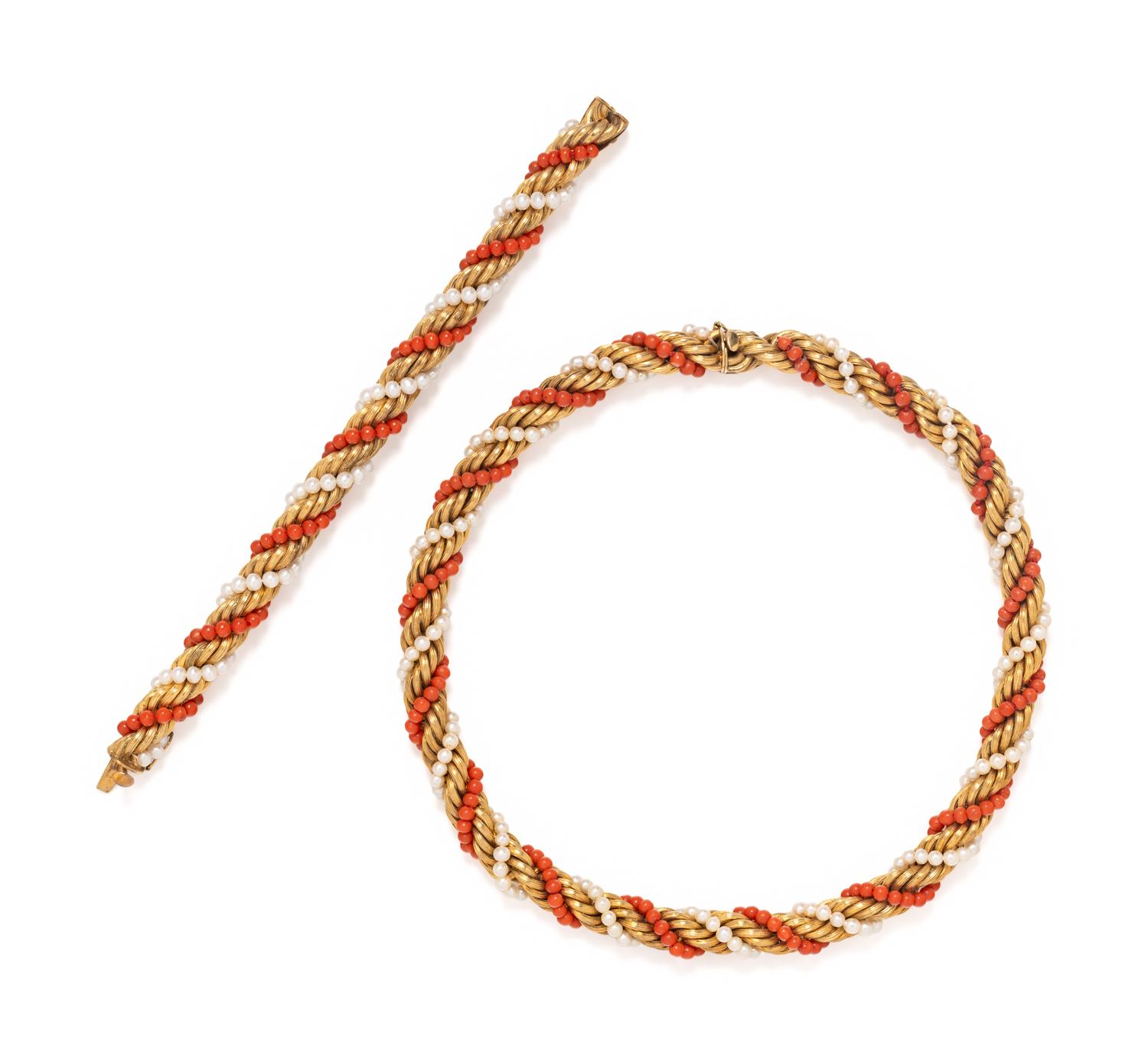 YELLOW GOLD, CORAL AND CULTURED PEARL SET