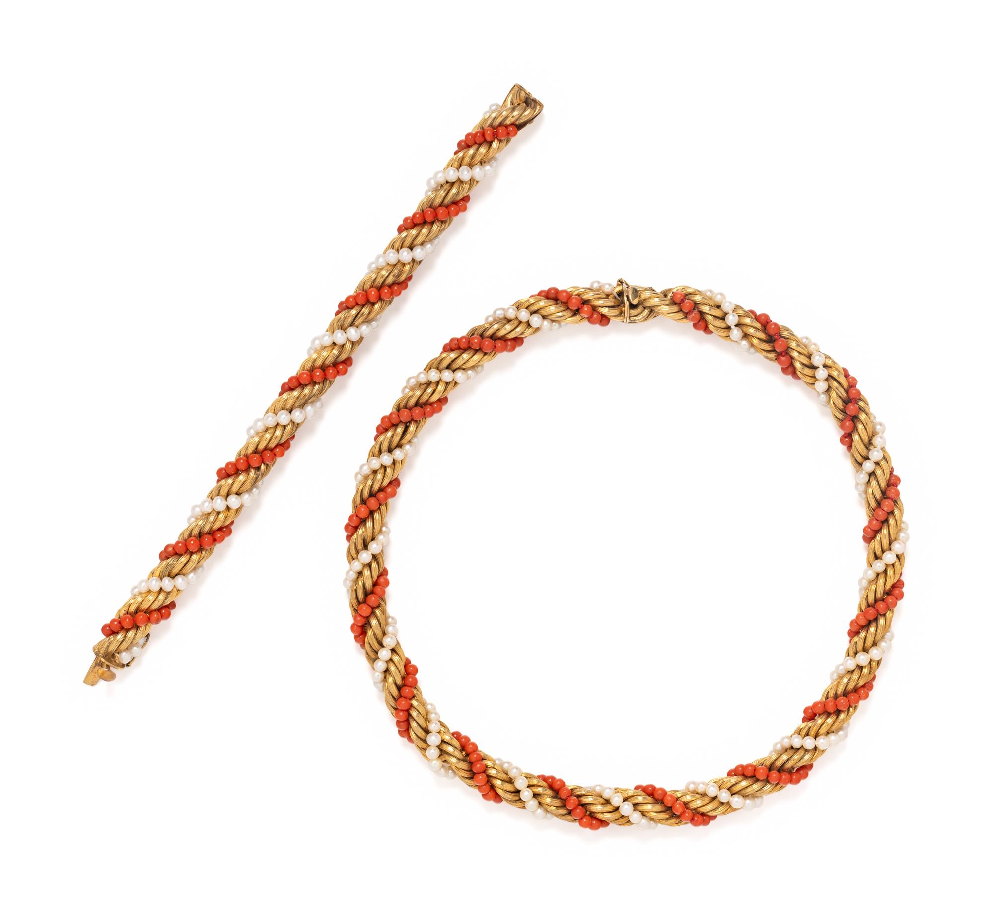 YELLOW GOLD, CORAL AND CULTURED PEARL SET