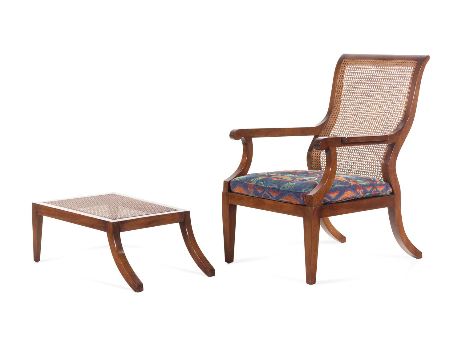 A Rose Tarlow Upholstered Mahogany Chelsea Chair and Ottoman