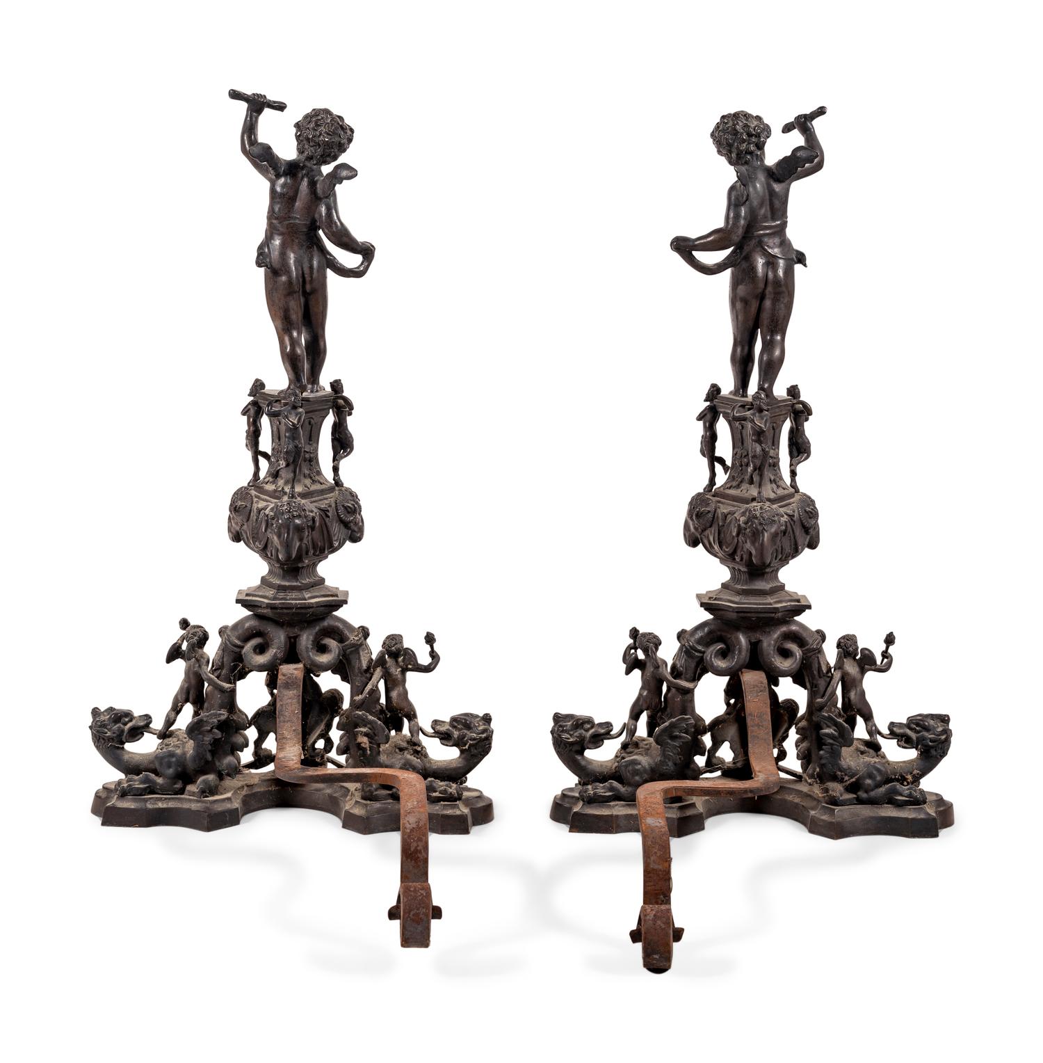 A Pair of Baroque Style Bronze Figural Andirons