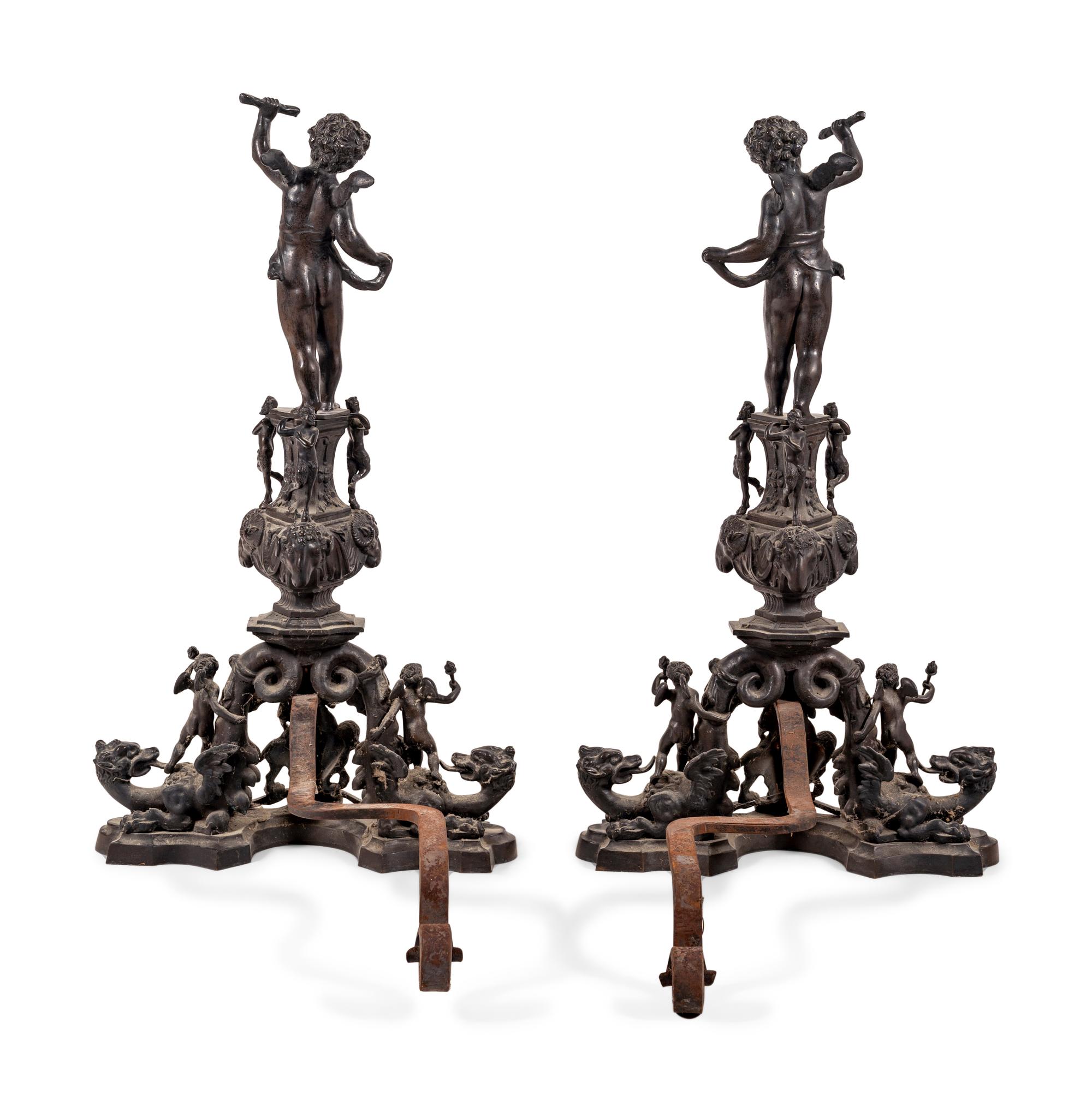 A Pair of Baroque Style Bronze Figural Andirons