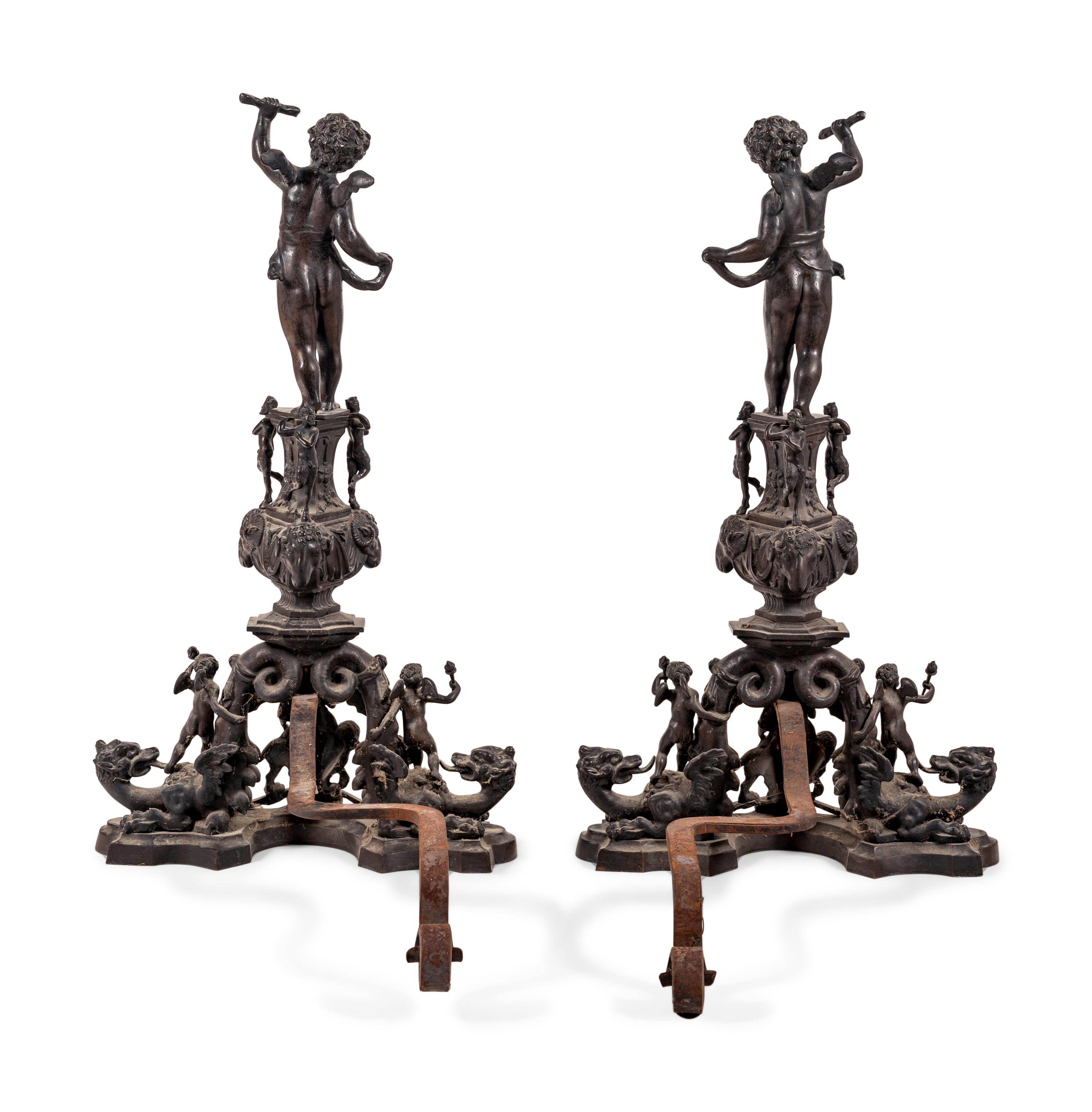 A Pair of Baroque Style Bronze Figural Andirons