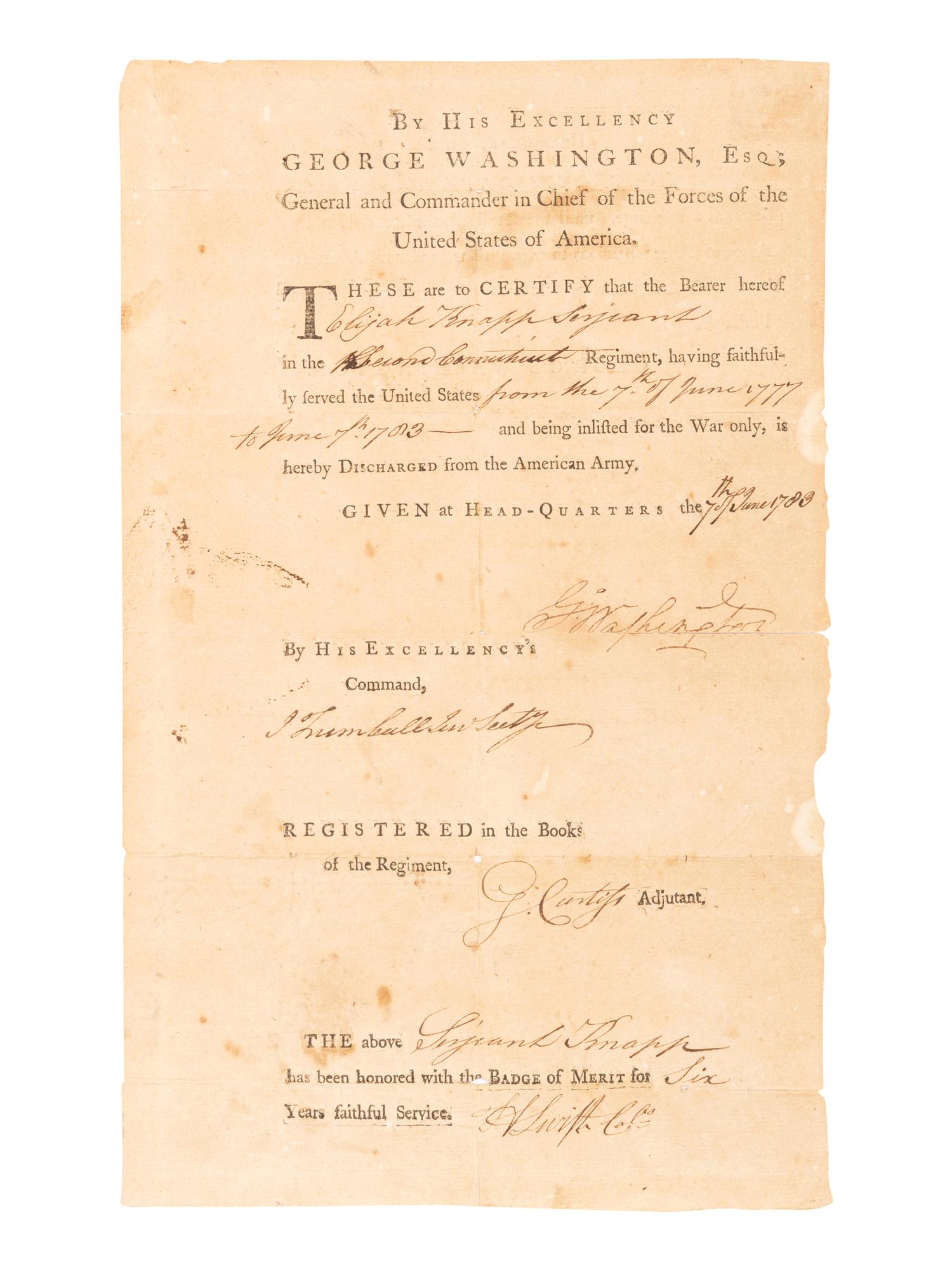WASHINGTON, George (1732-1799). Partly printed document signed ("Go: Washington"), as Commander-in-Chief of the Continental Army, "Head-Quarters," 7 June 1783. Countersigned by John TRUMBULL (1740-1809) ("J. Trumbull Gen Secy."), as General Secretary.