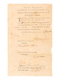 WASHINGTON, George (1732-1799). Partly printed document signed ("Go: Washington"), as Commander-in-Chief of the Continental Army, "Head-Quarters," 7 June 1783. Countersigned by John TRUMBULL (1740-1809) ("J. Trumbull Gen Secy."), as General Secretary.