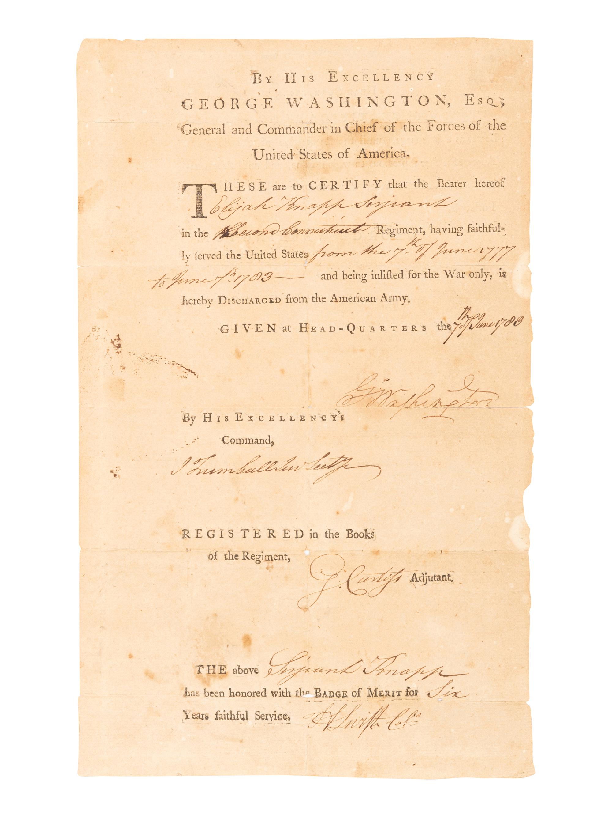 WASHINGTON, George (1732-1799). Partly printed document signed ("Go: Washington"), as Commander-in-Chief of the Continental Army, "Head-Quarters," 7 June 1783. Countersigned by John TRUMBULL (1740-1809) ("J. Trumbull Gen Secy."), as General Secretary.