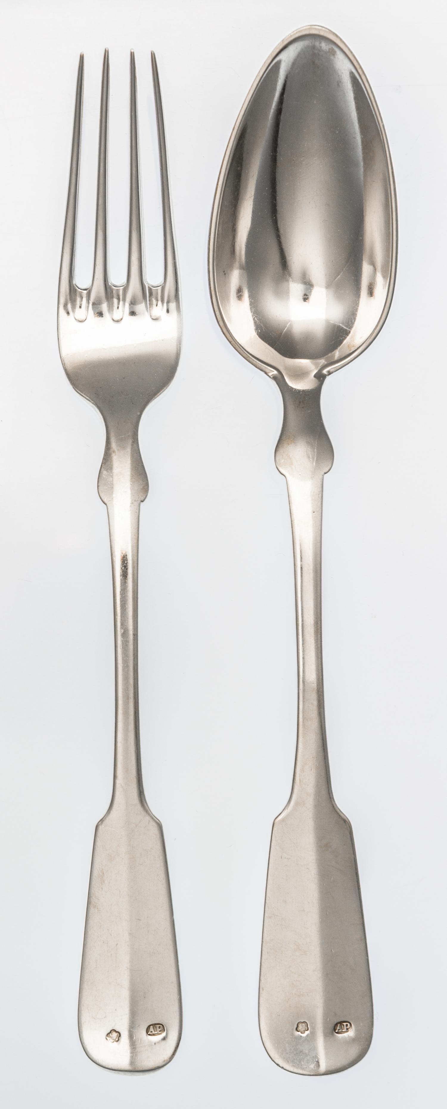 An Austrian Silver Serving Spoon and Fork, Maker's Mark AP in oval, Late 19th/Early 20th Century, having fiddles' handles.