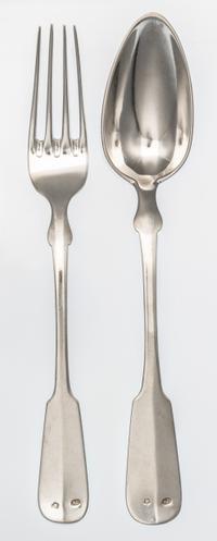 An Austrian Silver Serving Spoon and Fork, Maker's Mark AP in oval, Late 19th/Early 20th Century, having fiddles' handles.