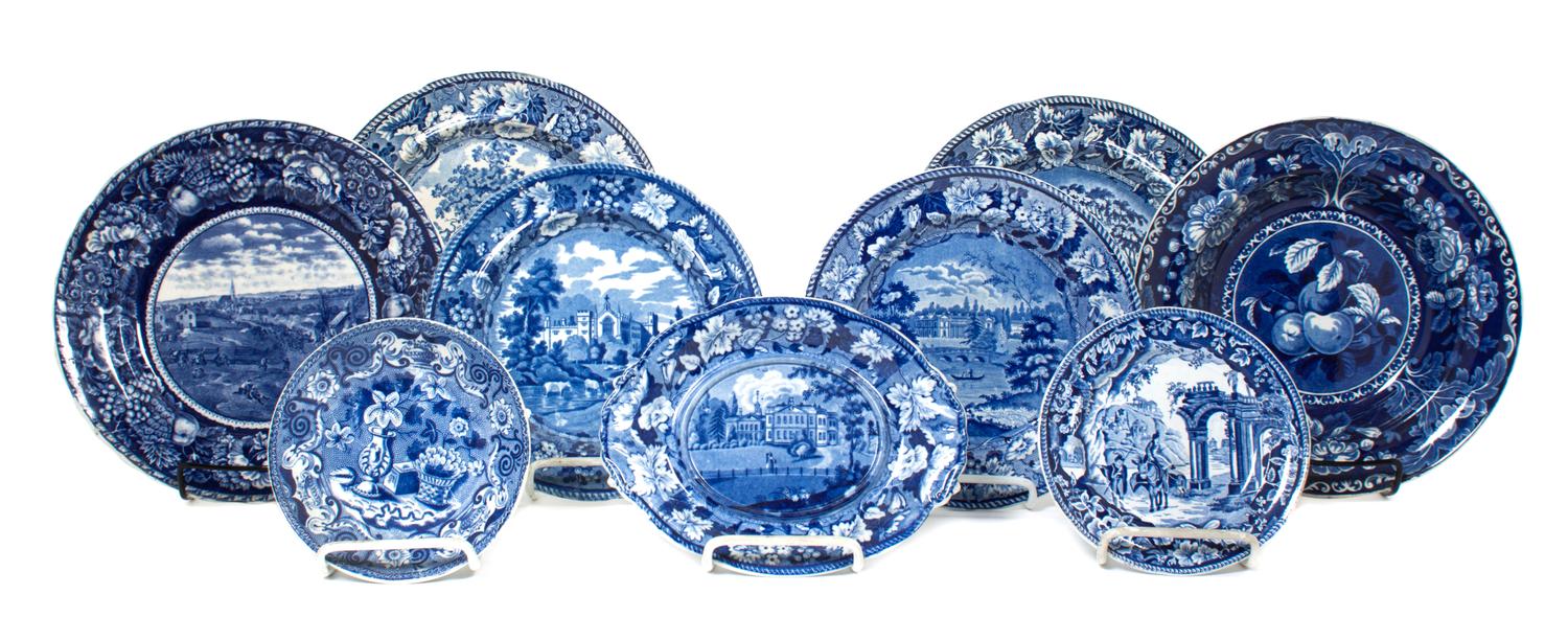 A Collection of Historical Blue Staffordshire Plates Diameter of largest 10 1/4 inches.