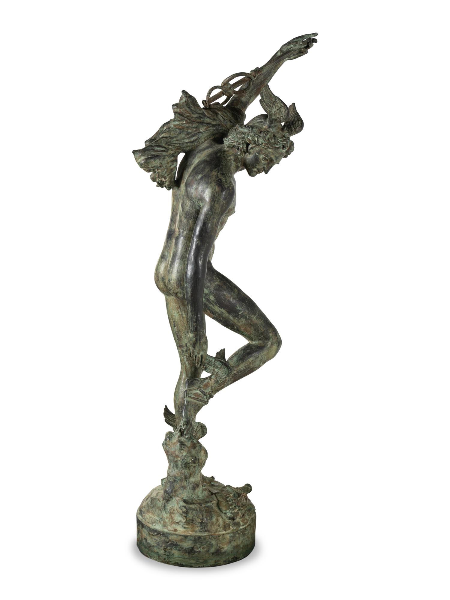 A Monumental Patinated Cast Metal Figure of Mercury