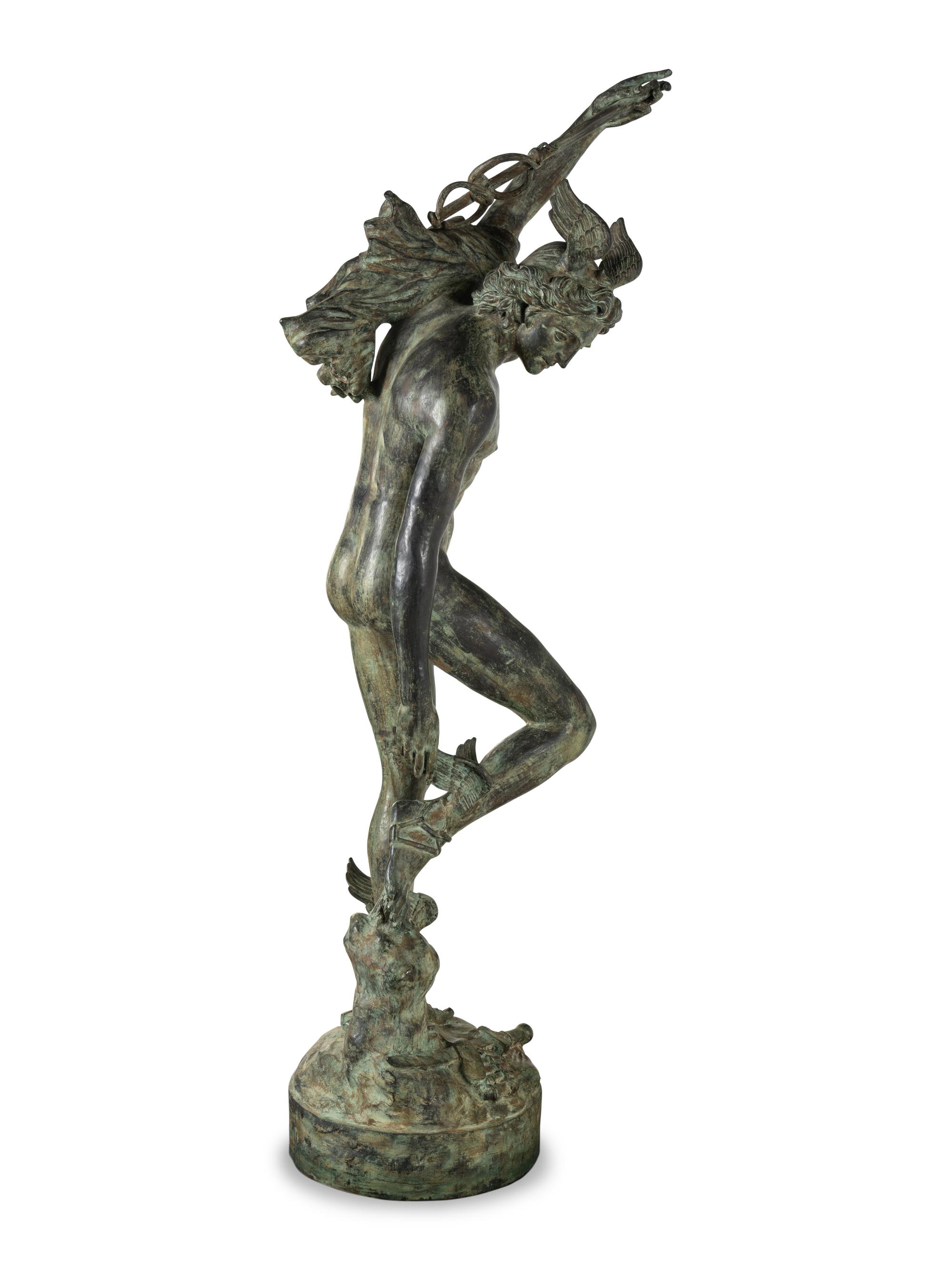 A Monumental Patinated Cast Metal Figure of Mercury