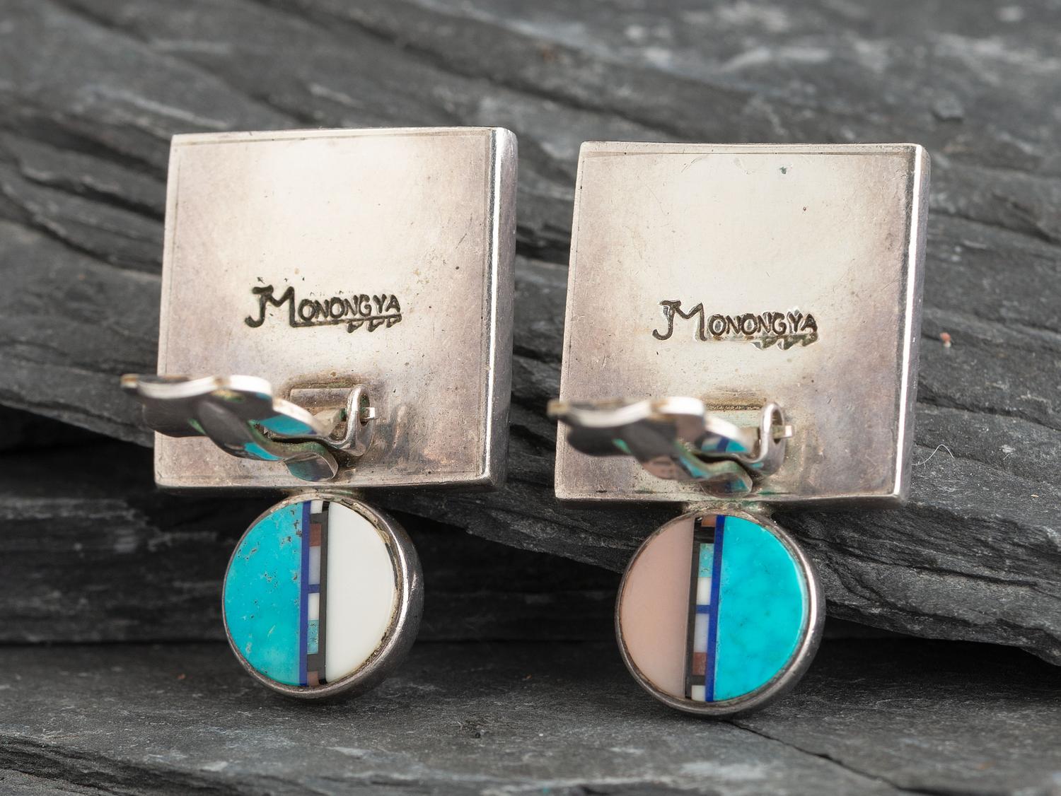 Mirroring Silver Figural Clip Earrings, with Mosaic Inlay