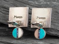 Mirroring Silver Figural Clip Earrings, with Mosaic Inlay