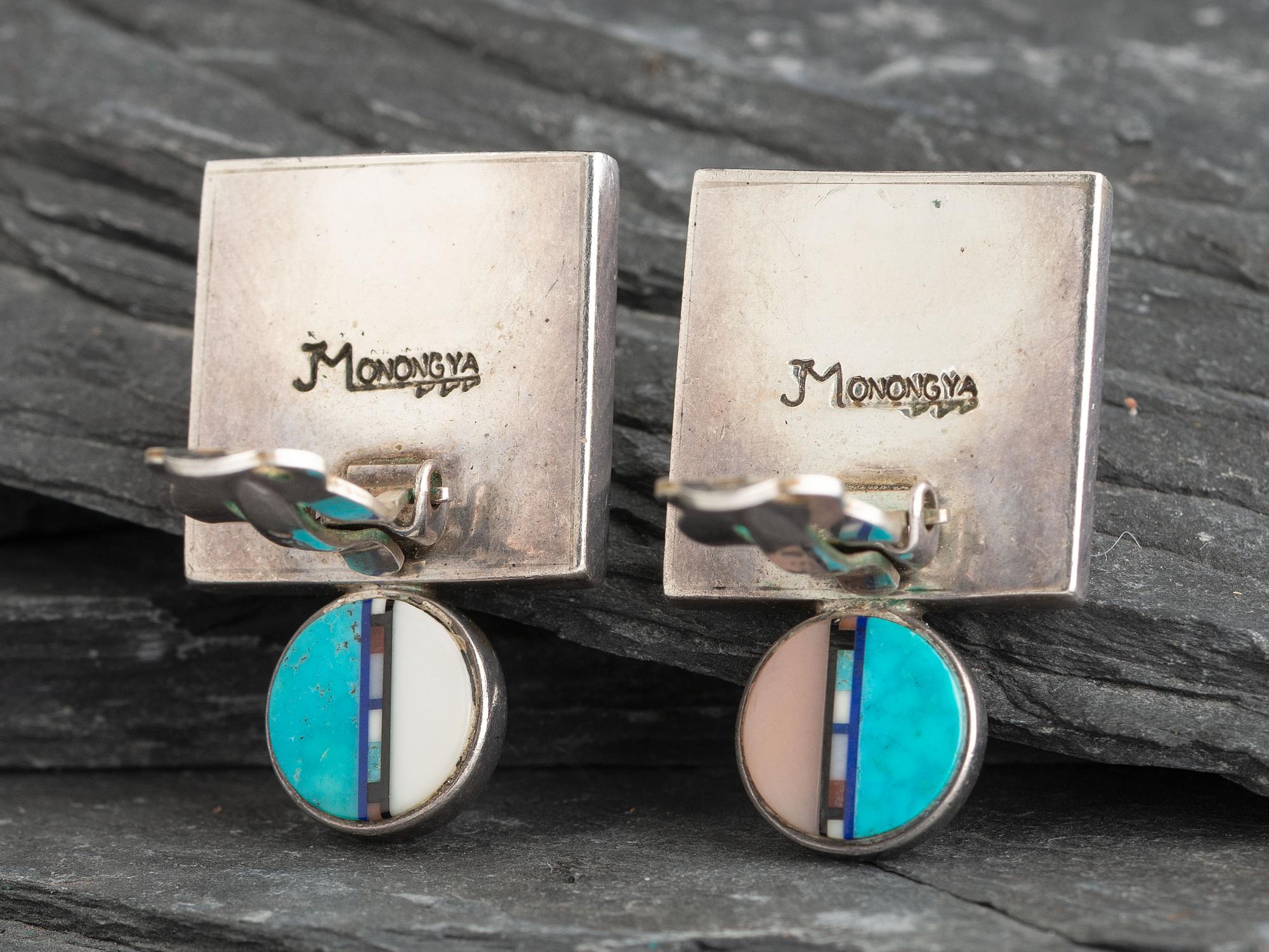 Mirroring Silver Figural Clip Earrings, with Mosaic Inlay