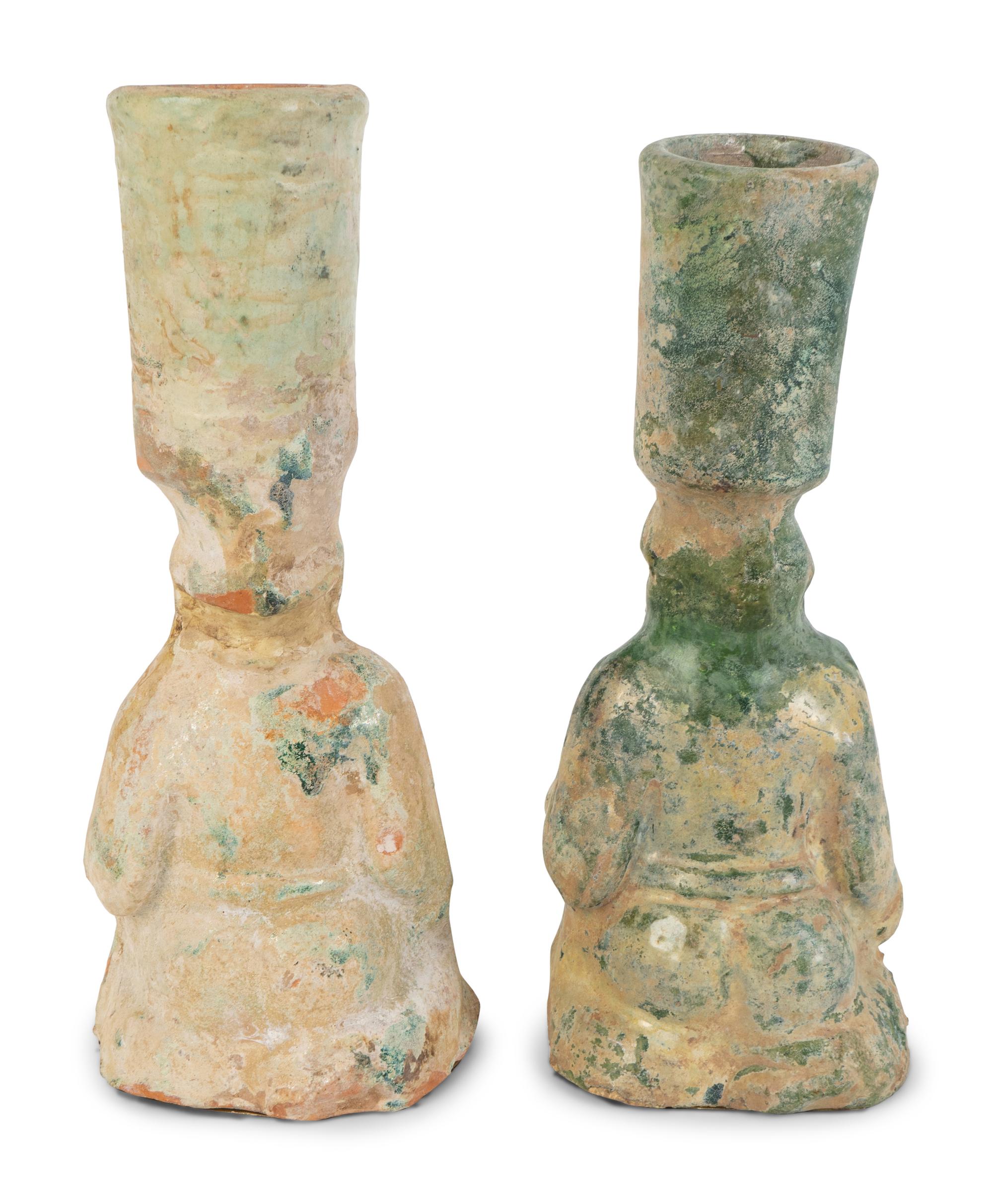 Two Chinese Glazed Terracotta Figural Lampstands — EASTERN HAN DYNASTY